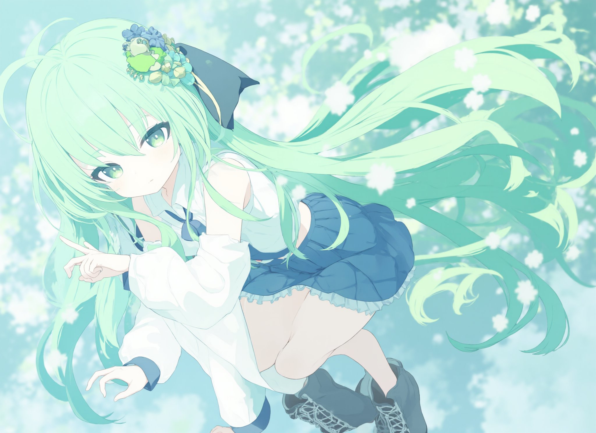 1girl,    green hair, boots, skirt, thighhighs, very long hair, green eyes, pleated skirt, white shirt, solo, looking at viewer, long hair, detached sleeves, shirt, frog hair ornament, blue skirt, full body, hair ornament <lora:BastylrV2:1>