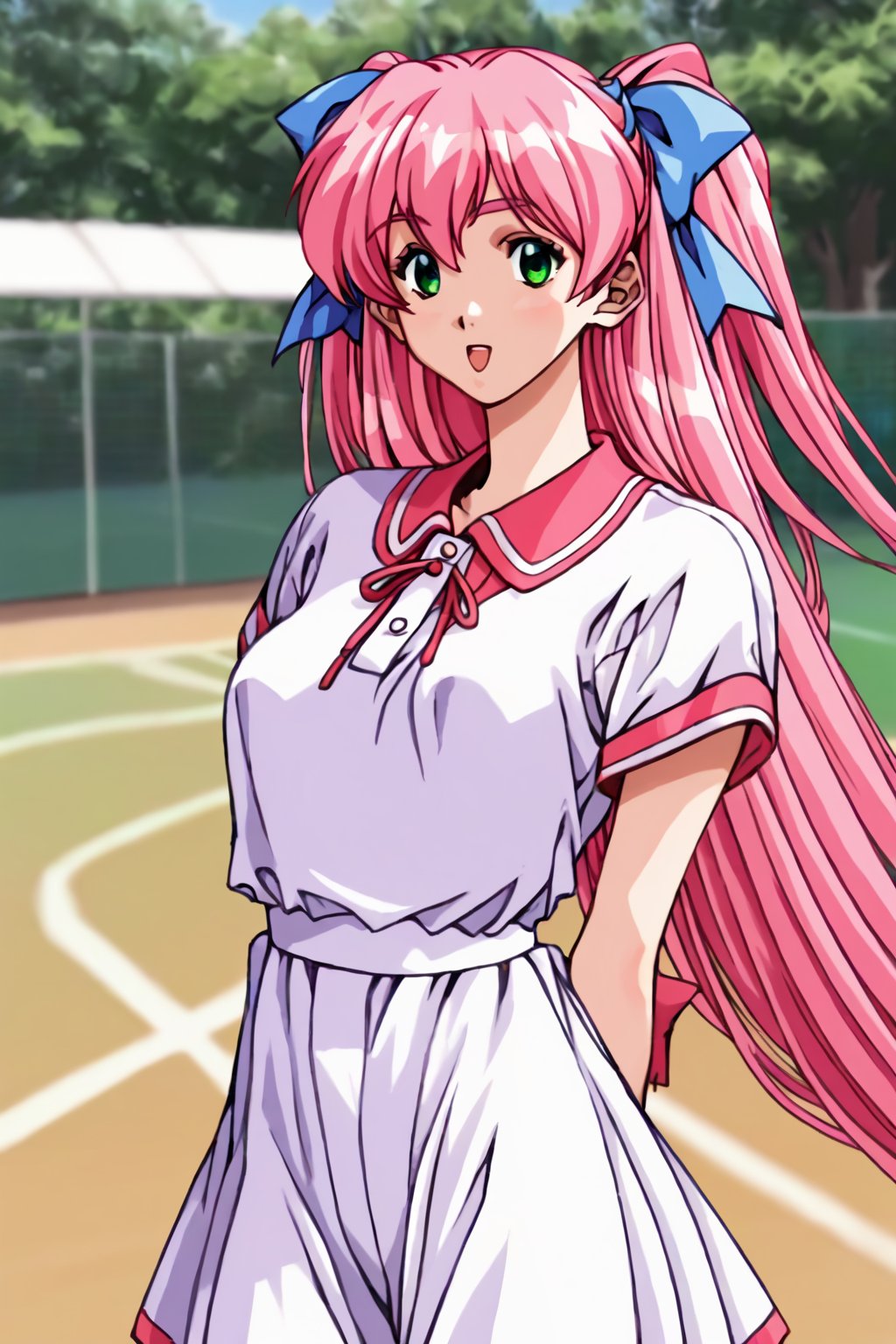 score_9, score_8_up, score_7_up, score_6_up, score_5_up, score_4_up, source_animesaeki kanako, 1girl, pink hair, green eyes, very long hair, two side-up, hair ribbon, blue ribbon, solo, tennis uniform, kanako_tennis, cowboy shot, hands behind back,masterpiece, perfect face, best quality, beautiful girl, blurry background, cute girl, beautiful eyes, shiny eyes, anime coloring, anime screencap, absurdres, outdoors.  <lora:saeki kanako hoseki 820 1:0.8>