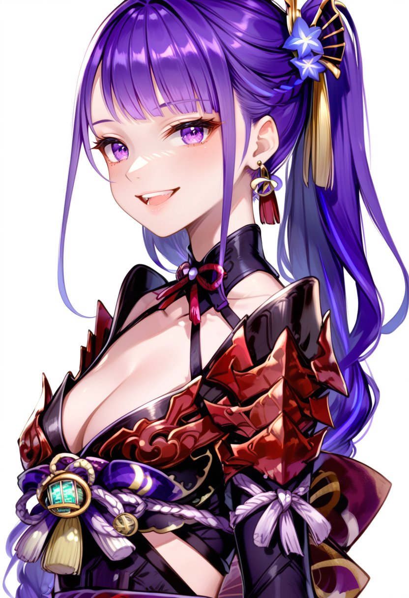 (score_9:0.9),score_8_up,score_7_up,anime style,rating_safe,(zPDXL),<lora:Odogaron Armor Beta ponyXL v1:1>,odogaron beta armor,red gauntlets,1girl,solo,purple eyes,white background,purple hair,simple background,open mouth,looking at viewer,long hair,smile,ponytail,jewelry,earrings,teeth,upper body,:d,raiden shogun:0.1,