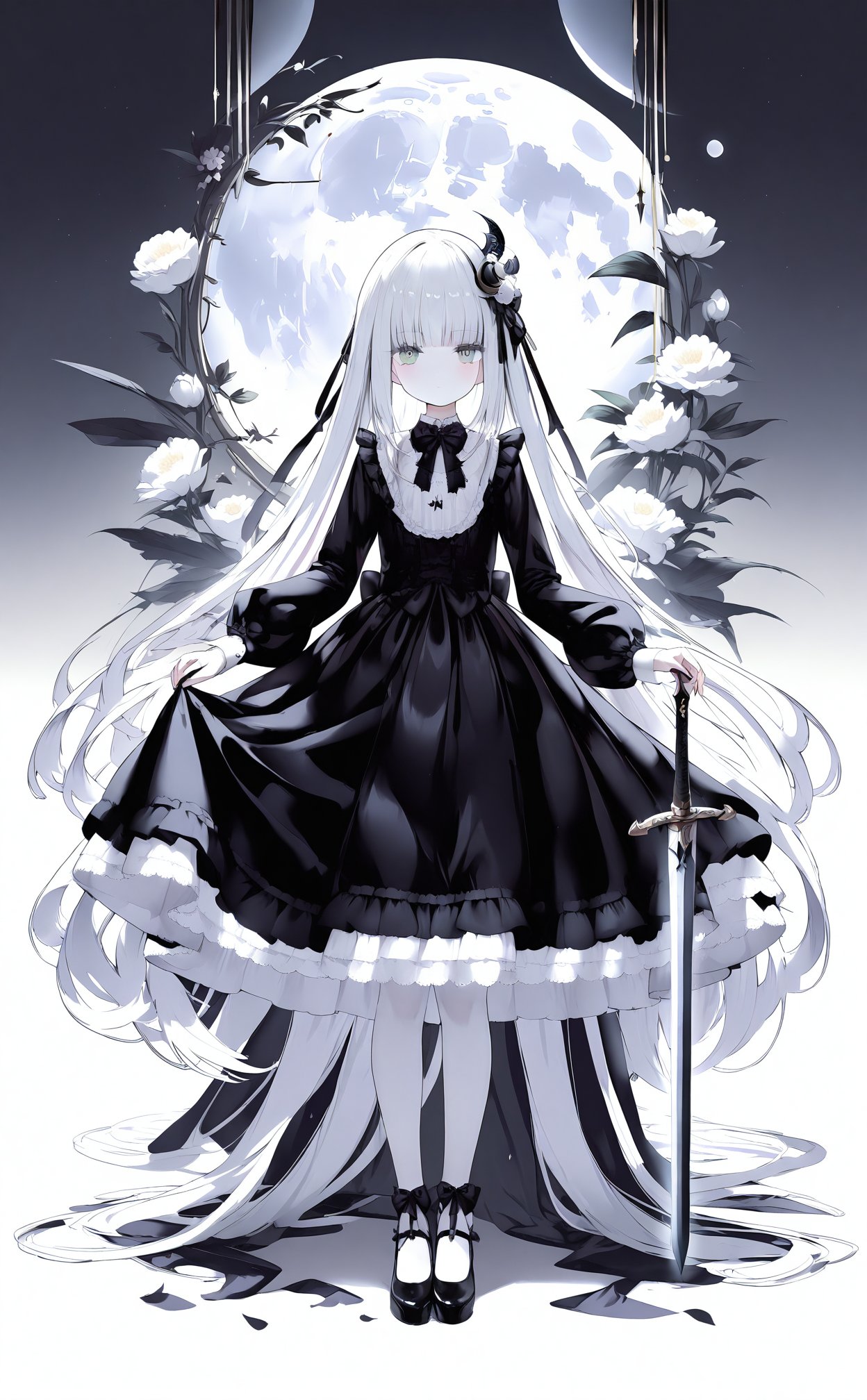 masterpiece,best quality,high quality,(colorful),loli,1girl,moon,dress,long hair,solo,white hair,black dress,black footwear,skirt hold,flower,full body,full moon,looking at viewer,hair ornament,long sleeves,frills,frilled dress,standing,green eyes,white flower,planted,high heels,expressionless,black bow,blunt bangs,very long hair,black bowtie,planted sword,crescent,grey eyes,bow,bowtie,lolita fashion,pale skin,shoes,sword,