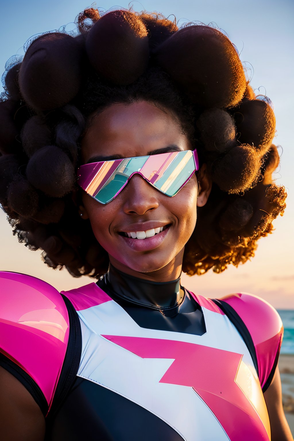 Garnet, dark skin, large retro sunglasses, afro, curly hair, chest plate, pink star on chest, black and pink bodysuit, large shoulder pads, looking at viewer, smiling, close up, outside, beach, dusk, high quality, masterpiece, <lora:GarnetShades:.8>