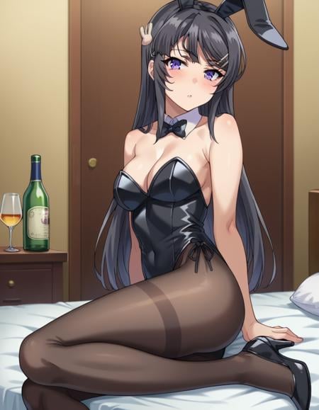 score_9, score_8_up, score_7_up, source_anime,maisakurajima, <lora:mai-sakurajima-s1-ponyxl-lora-nochekaiser:1>mai sakurajima, long hair, bangs, black hair, hair ornament, purple eyes, hairclip, rabbit hair ornament,bow, animal ears, cleavage, bare shoulders, pantyhose, bowtie, black footwear, rabbit ears, high heels, leotard, black pantyhose, strapless, black bow, detached collar, fake animal ears, playboy bunny, black leotard, strapless leotard, thighband pantyhose, black bowtie,indoors, bed, bed room, on side, blush, drunk,looking at viewer, cowboy shot, dutch angle,