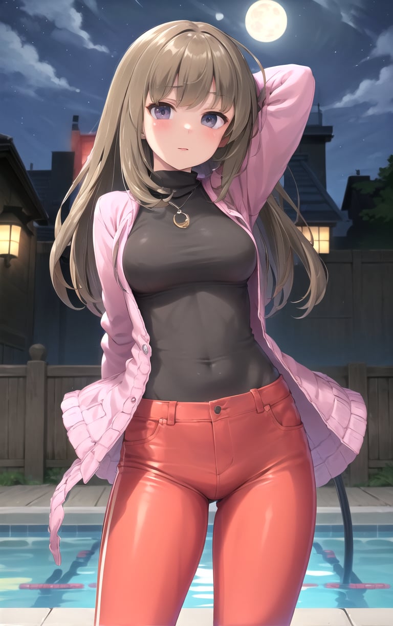 (masterpiece, best quality:1.4), insaneres, absurdres, solo, looking at viewer,BREAK FAP_ARTSTYLE_sasaame_ra_ownwaifu,1girl, black eyes, brown hair, long hair, medium breasts, makeup,long sleeves, sweater, pink jacket, turtleneck, blue pants, formal, (contrapposto, arms behind head), neon_lights, cityscape, night, pool, full moon, outdoors, <lora:FAP_ARTSTYLE_sasaame_ra_ownwaifu:0.9> , depth of field 