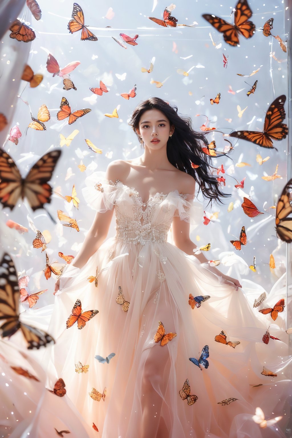 kinghere fensejiaren,1girl,butterfly,solo,dress,long hair,white butterfly,looking up,realistic,parted lips,white dress,lips,bare shoulders,(masterpiece:1,2),best quality,masterpiece,highres,original,extremely detailed wallpaper,perfect lighting,(extremely detailed CG:1.2, ,,,,,,<lora:kinghere fensejiaren_20240302004003:0.8>,,,,