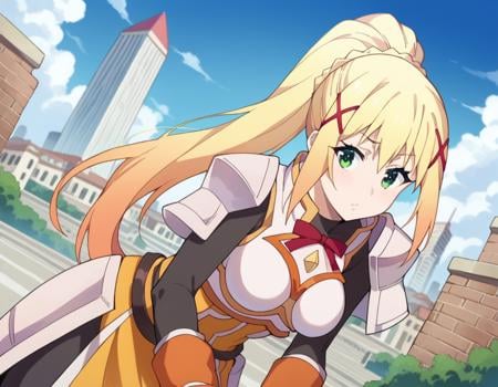 score_9, score_8_up, score_7_up, source_anime,lalatinadustinessford, <lora:lalatina-dustiness-ford-s2-ponyxl-lora-nochekaiser:1>,darkness \(konosuba\), long hair, green eyes, blonde hair, hair ornament, ponytail, braid, x hair ornament,gloves, armor, bodysuit, shoulder armor, armored dress,outdoors, cityscape, bent over,looking at viewer, dutch angle, cowboy shot,