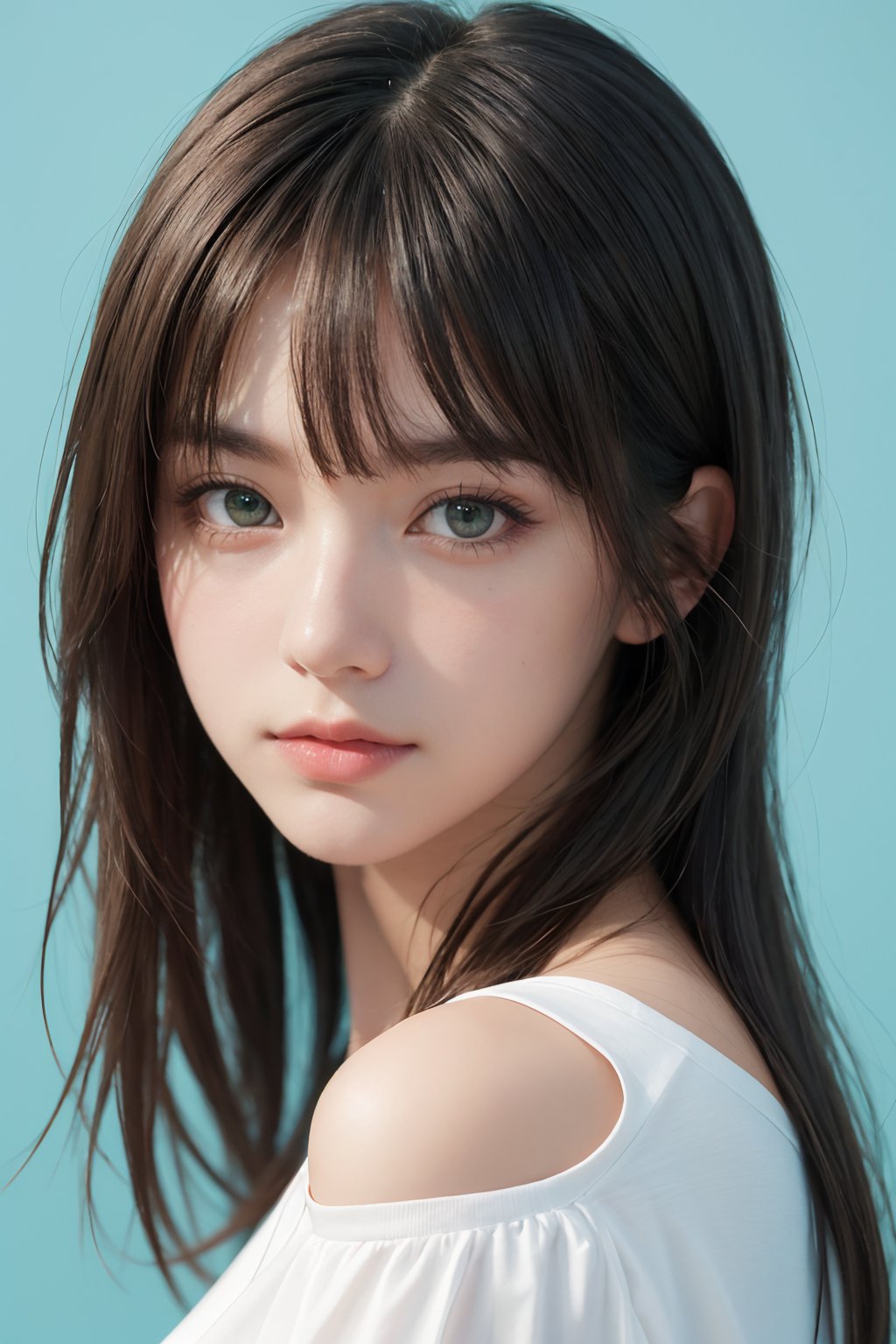 MEDIUM SHOT,high quality, masterpiece, (realistic, photo-realistic:1.2) ,high definition, ultra detailed, raw photo,depth of field, 1girl, green eyes, medium hair, bangs, portrait, upper body, shoulder, shirt, simple background, blue background,<lora:GoodHands-beta2:1>