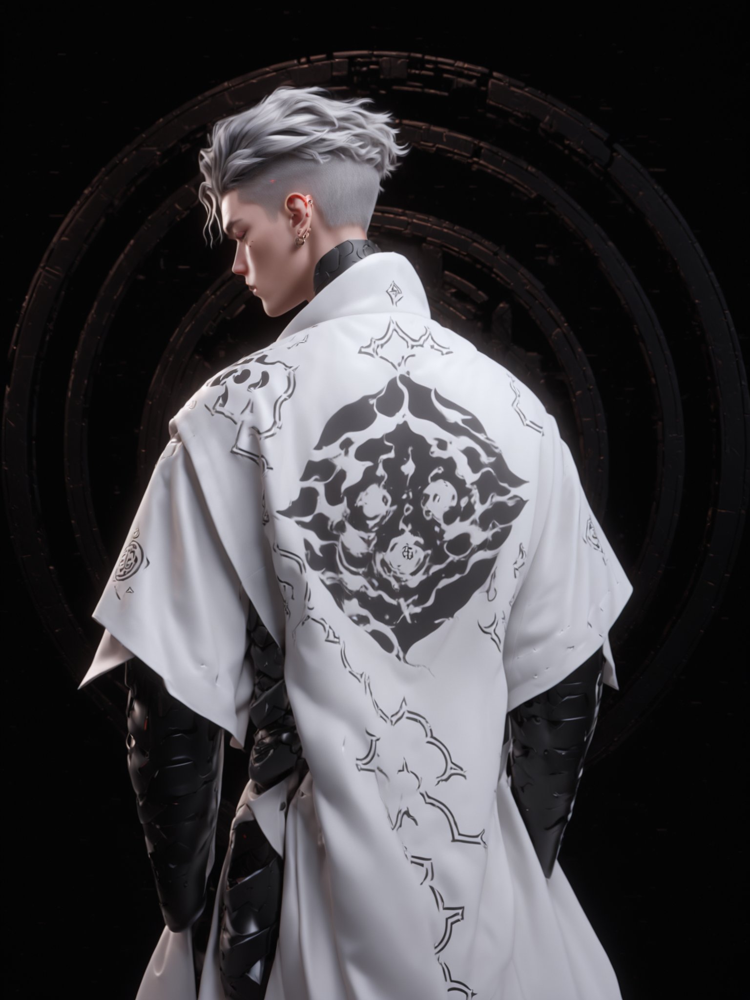 a figure, white hair, standing against a dark background. The figure is adorned in a white robe with intricate black patterns and designs. The robe has a flowing design, and the figure's hair is styled in a unique manner, with a side-swept look. The figure's attire is complemented by a black belt and boots. In the background, there's a circular white design with a symbol inside it. The overall ambiance of the image is mysterious and ethereal, with the figure appearing to be in a contemplative or ceremonial pose,ultra-realistic, hyperrealistic, HD, IMAX, 8K resolutions, ultra resolutions<lora:Suotai-000006:1>