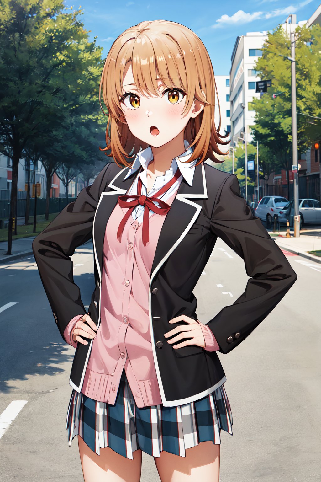 masterpiece, best quality, highres, aairoha, medium hair, school uniform, neck ribbon, collared shirt, blazer, black jacket, open jacket, long sleeves, plaid skirt, <lora:isshiki_iroha_v1:0.7>, hand on hip, street, :o, standing,