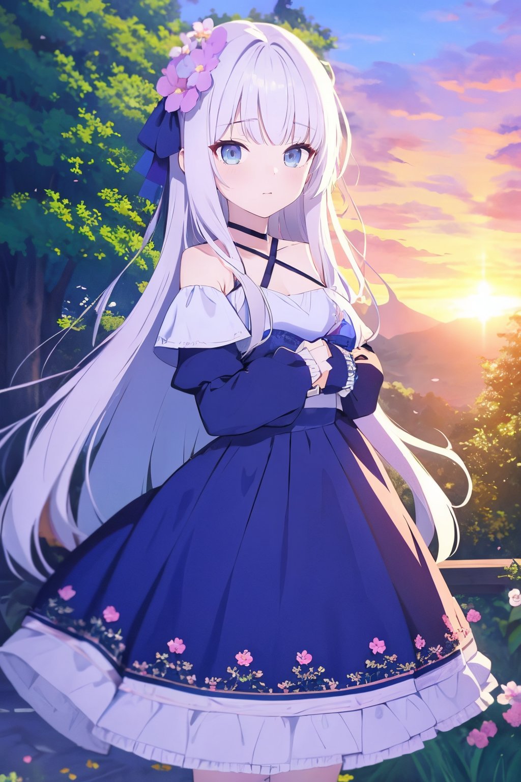 masterpiece,best quality,1girl,long hair,bangs,hair ornament,long sleeves,dress,ribbon,hair ribbon,flower,white hair,puffy sleeves,indoors,hair flower,off shoulder,sleeves past wrists,petals,blue dress,puffy long sleeves,off-shoulder dress,criss-cross halter,outdoors,tree,sunset,flowers<lora:BA_v1_wd14_LoRA:0.8>,