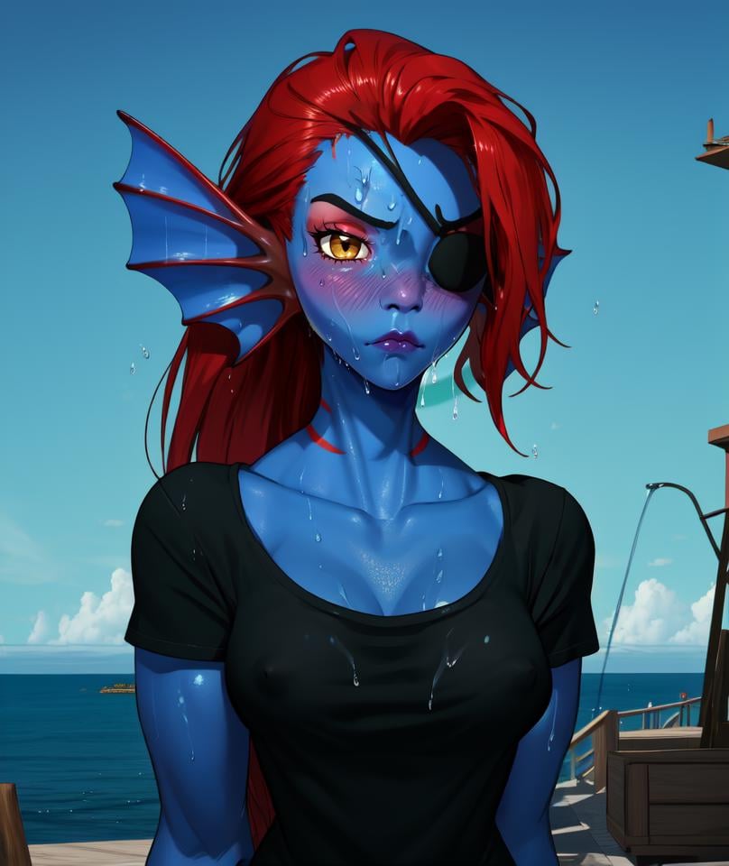 undyne,blue skin,gills,yellow eyes,red hair,black shirt,collarbone,toned,covered nipples,blush,see-through shirt,wet,resort,sea,standing,(insanely detailed, beautiful detailed face, masterpiece, best quality)solo,<lora:Undyne:0.8>,