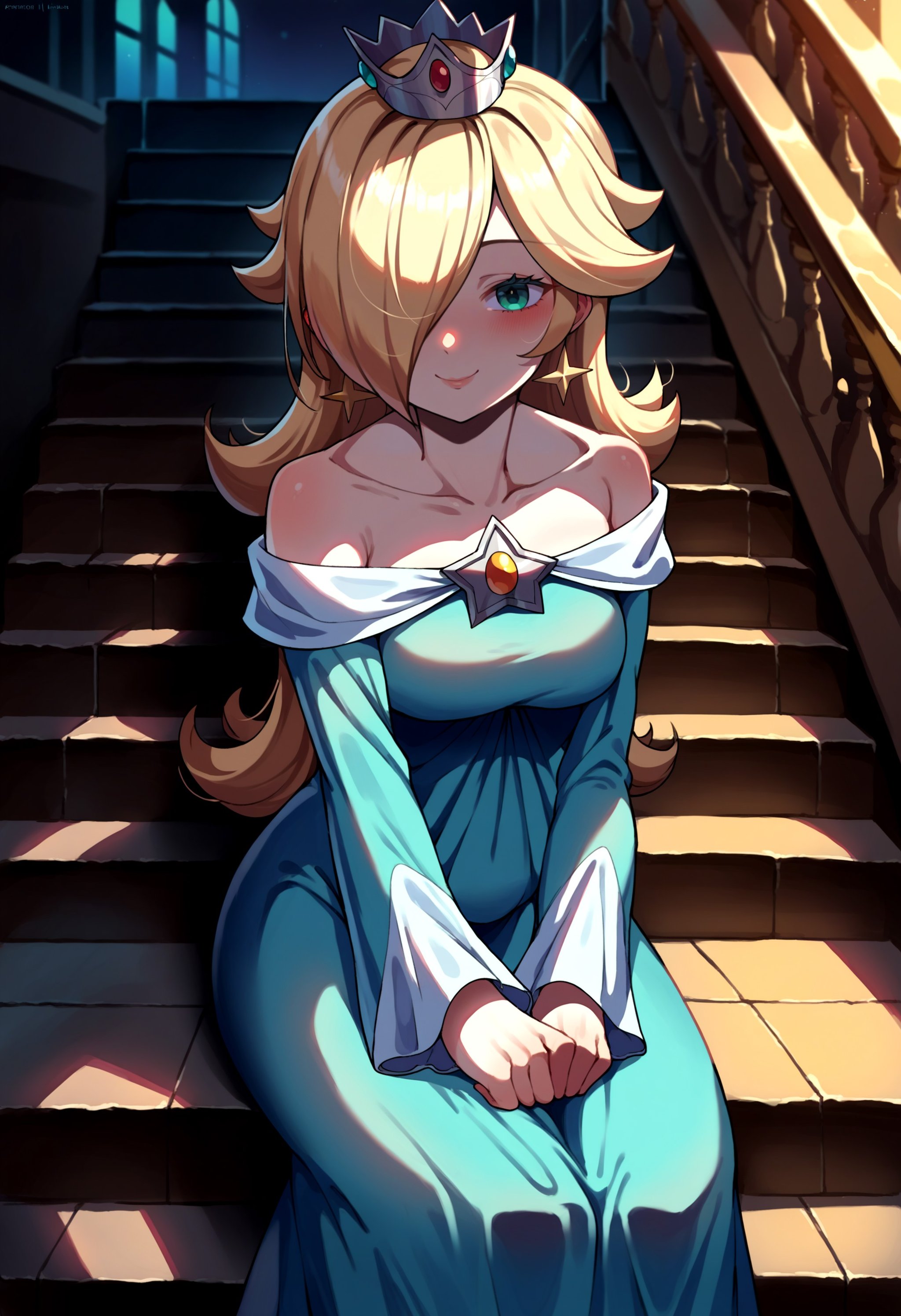 score_9, score_8_up, score_7_up, source_anime, 1girl, RslnDef, hair over one eye, crown, bare shoulders, off-shoulder dress, long sleeves, blue dress, long dress, aqua dress, <lora:Rosalina_XLPD:1>, cowboy shot, smile, seductive smile, blush, stairs, sitting,