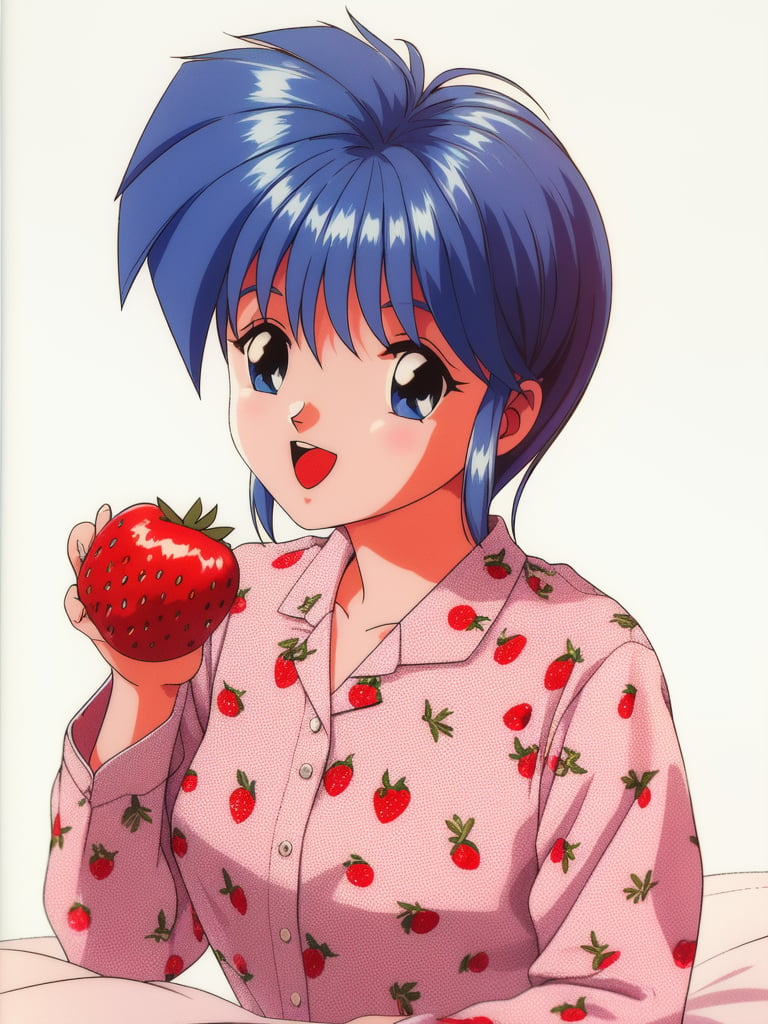 <lora:Nijino_Saki:0.8> NijinoSaki, solo, food print, 1girl, open mouth, retro artstyle, white background, 1990s (style), simple background, strawberry print, fruit, upper body, long sleeves, smile, pajamas, food,bed,masterpiece, high quality, very_high_resolution, large_filesize, full color, 