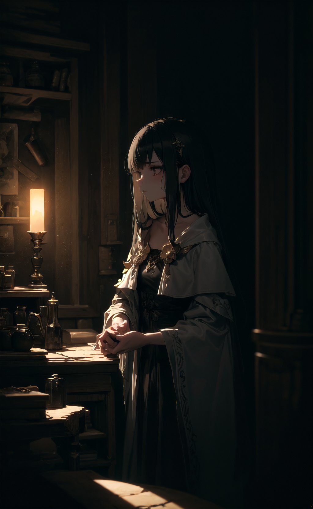 masterpiece, best quality, 1girl, mixing potions, dark moody lighting, glow, glowing, mysterious, mystical, magical, rim lighting