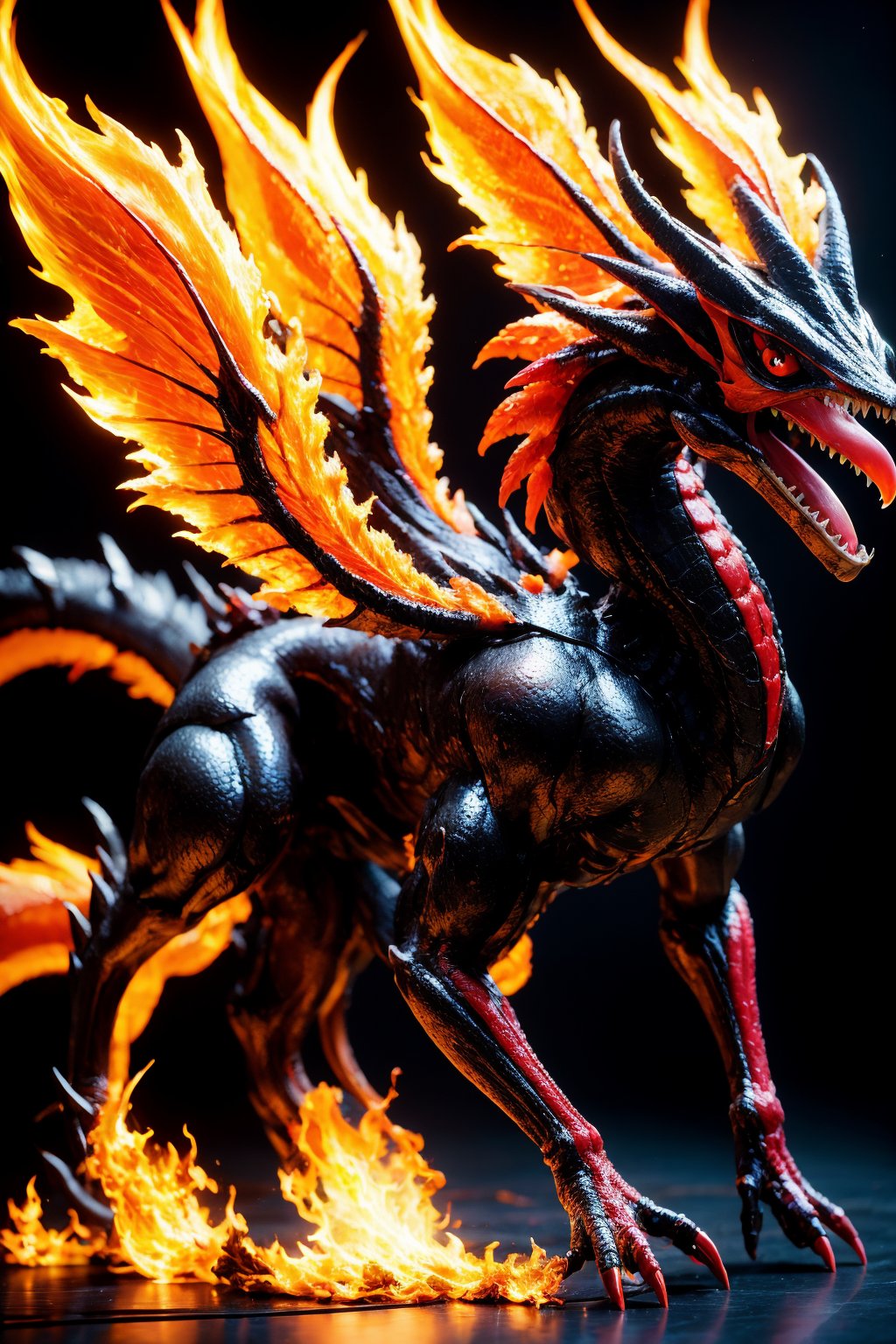 (photorealistic:1.4),(Realistic:1.2), no humans, sharp teeth, solo, pokemon \(creature\), teeth, red eyes, claws, open mouth, fire, tail, black background, simple background, horns, full body, colored sclera, wings, dragon, black sclera, monster, from side, standing, non-humanoid robot, animal focus, shadow, fangs