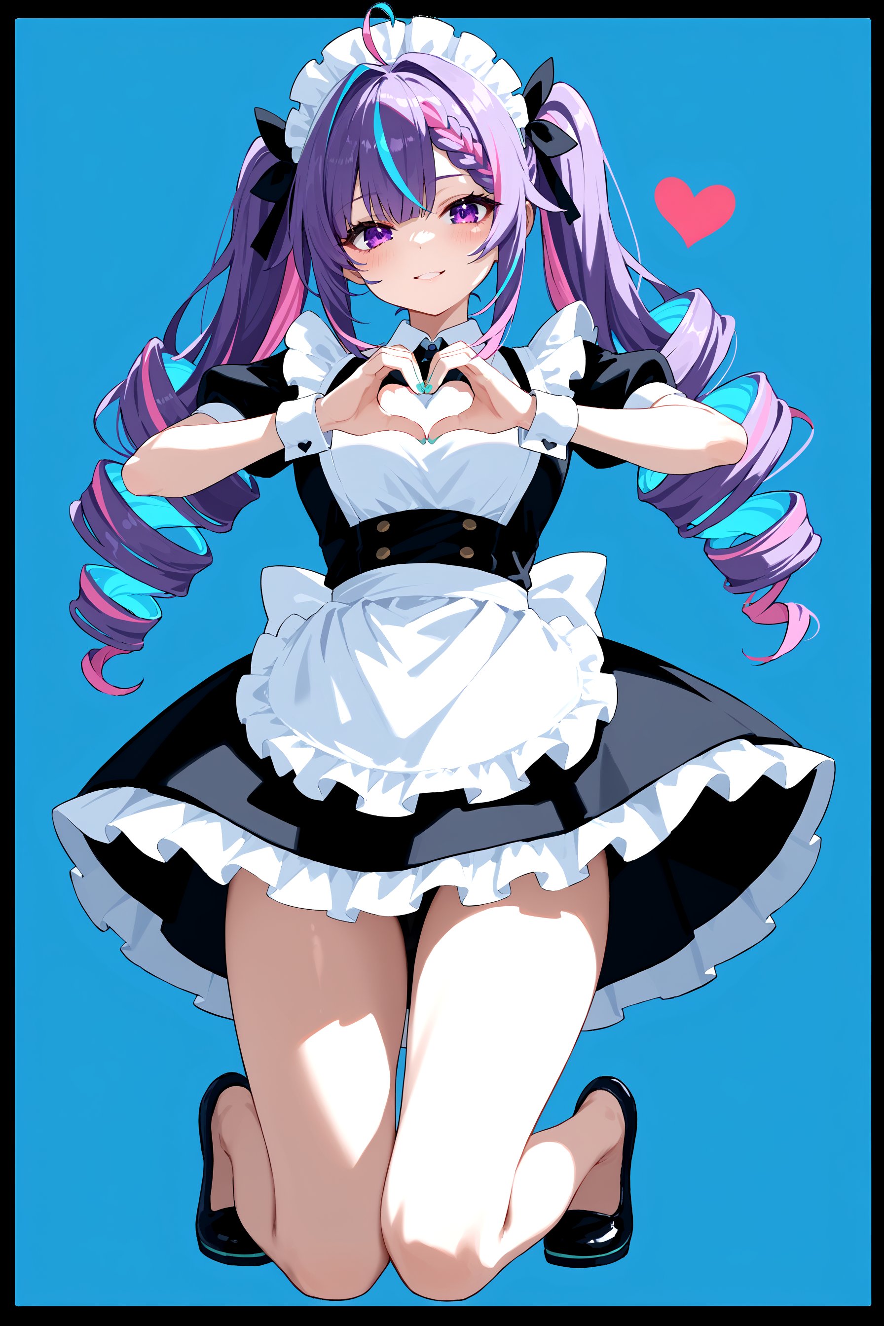 , 1girl, ahoge, aqua nails, bare legs, braid, colored inner hair, drill hair, fingernails, full body, heart, heart hands, long hair, looking at viewer, maid, maid headdress, multicolored hair, nail polish, purple eyes, purple hair, solo, streaked hair, transparent background, twin drills, two-tone hair, virtual youtuber, wrist cuffs, blue background, black borders, thighs, curvy, score_9_up, score_8_up, masterpiece, best quality