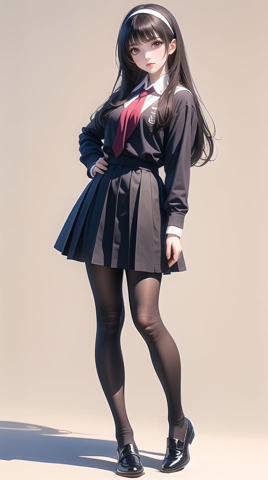 (best quality), ((masterpiece)), (highres), illustration, original, extremely detailed,1girl, kasumigaoka utaha, pantyhose, solo, long hair, school uniform, black hair, hairband, black pantyhose, red eyes, skirt, full body, looking at viewer, shoes, simple background, white background