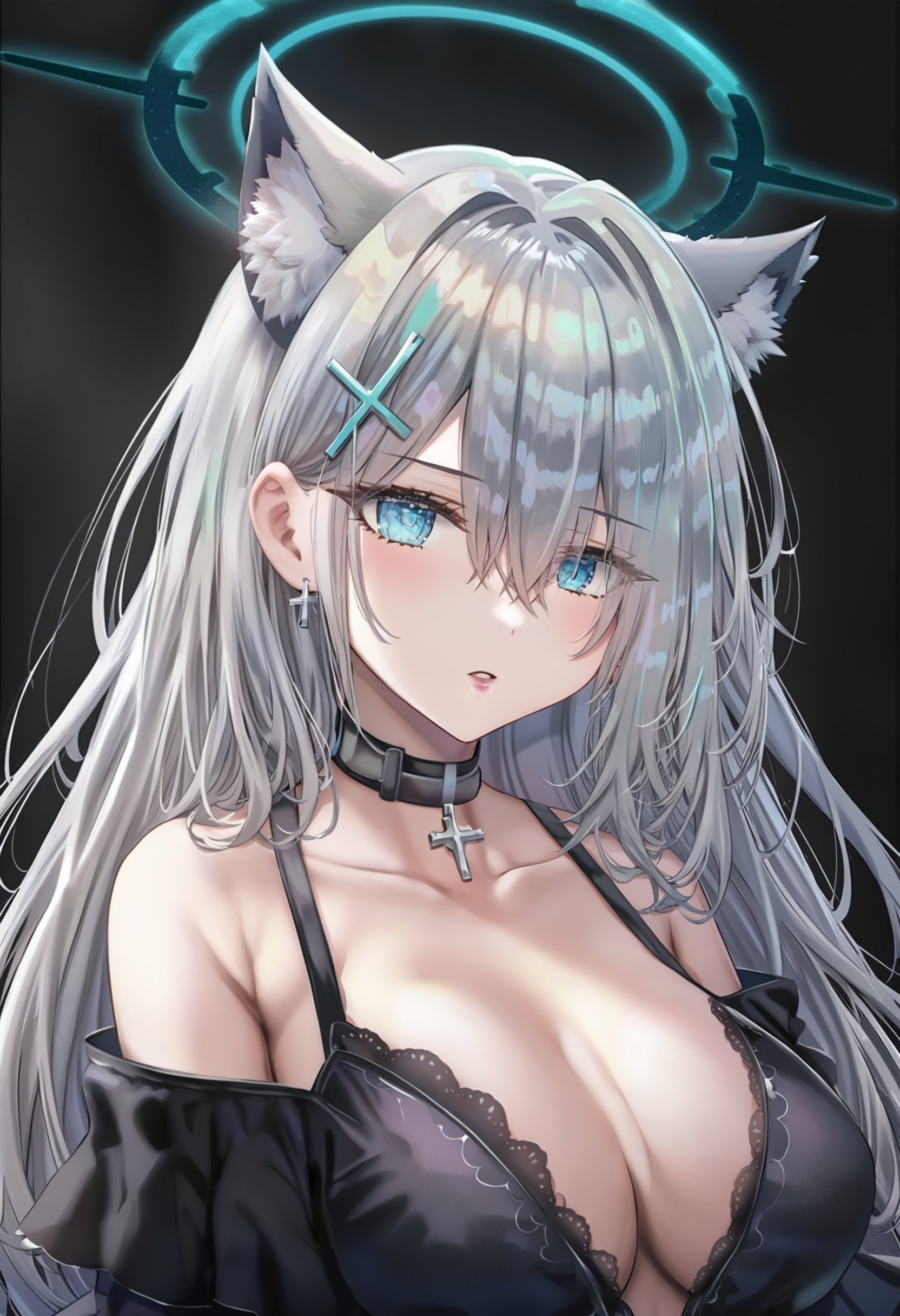 masterpiece, best quality,1girl, shiroko \(blue archive\), shiroko terror \(blue archive\),  solo, choker, cross hair ornament, jewelry, earrings, cleavage, looking at viewer, breasts, cross, blue eyes, black choker, parted lips, hair ornament, hair between eyes, grey hair, long hair, collarbone, upper body, black dress, dress, portrait, off shoulder, animal ear fluff, pink lips, bare shoulders, animal ears, large breasts, simple background, wolf ears, extra ears, black background, halo, blush, hair over one eye <lora:torinoXLlokr8f-000182:0.95>