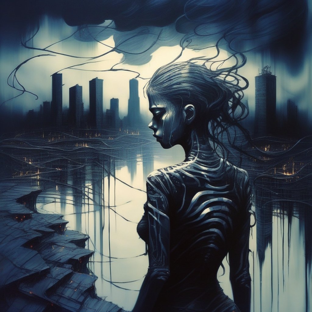 linquivera post-apocalyptic city, cyborg girl, dark atmosphere, birds <lora:linquivera:1.5>
