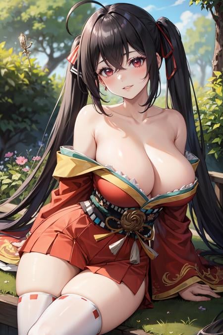 masterpiece, best quality, ultra-detailed, glowing light, (detailed background, complex background:1.2), (perfect face, detailed face), (mature female, milf:1.4), light smile, parted lips, thighs, full-face blush,<lora:Taihou:0.8> taihou, long hair, looking at viewer, hair between eyes, very long hair, ahoge, huge breasts, bare shoulders, crossed bangs, collarbone, twintails, ribbon, thighhighs, hair ribbon, off shoulder, thighs, black thighhighs, kimono(garden, outdoors, sitting) 