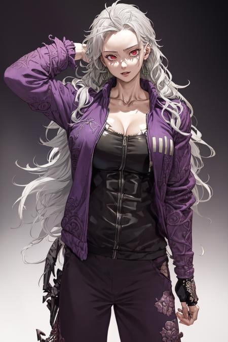noi_dorohedoro, highres, sharp focus, pixiv masterpiece, ((intricate details)), highly detailed, 1girl, long hair, earrings, muscular, jacket, purple track suit,  <lora:Noi_Dorohedoro_v1_1:0.8>