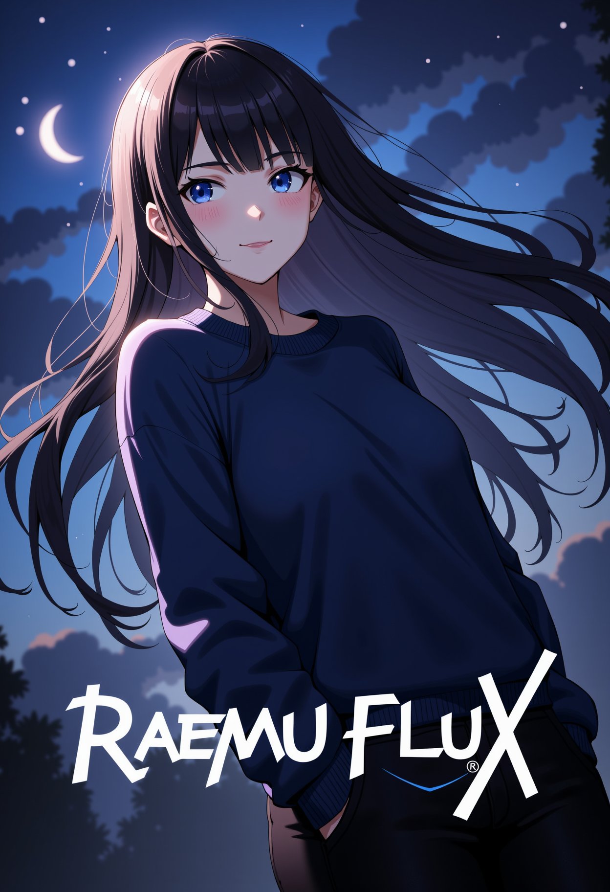 This is a digital drawing in an anime art style depicting a young woman with long, flowing black hair and piercing blue eyes. She is depicted in a dramatic, with her head slightly tilted to the right and her gaze looking upwards. The background is a blend of dark blues and purples, suggesting a night sky or an otherworldly atmosphere, with stars and a crescent moon visible. The woman is dressed in sweater and pants. The title "RAEMU FLUX" is prominently displayed like movie poster.