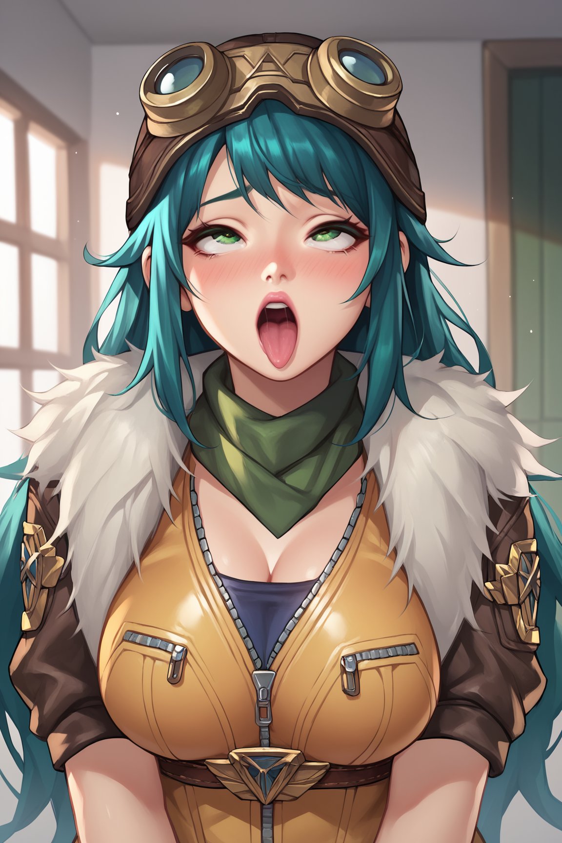 score_9, score_8_up, score_7_up, score_6_up, score_5_up, score_4_up, IreliaARLoLXL, pink lips, green eyes, aqua hair, long hair, bangs, goggles on head, large breasts, green scarf, brown jacket, fur trim, short sleeves, yellow bodysuit, blue bodysuit, black gloves, solo, front view, v arms, (portrait, upper body), solo focus, (ahegao), rolling eyes, open mouth, tongue out, naughty face, nose blush, indoors <lora:IreliaARLoLXL:0.8>