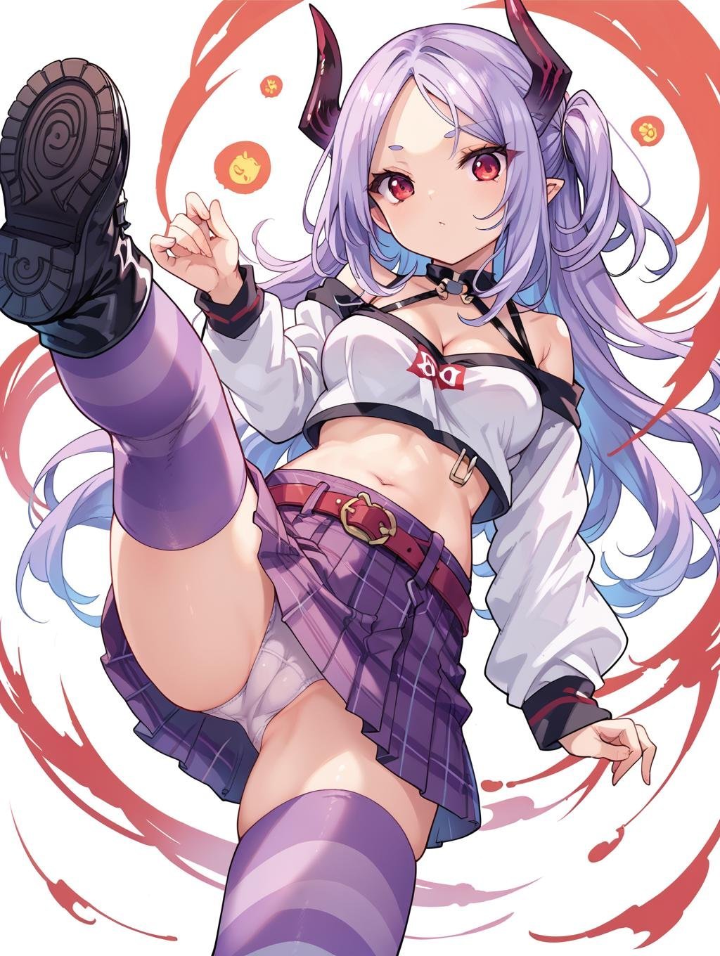 score_9, score_8_up, score_7_up,1girl,oni horns, long hair, red eyes, bare shoulders, belt, black footwear, boots, crop top, medium breasts, cleavage, looking at viewer, midriff, miniskirt, navel, off-shoulder shirt, parted bangs, plaid, plaid skirt, (panties:0.9), (cameltoe:0.8), purple legwear, purple skirt, shirt, skirt, striped, striped legwear, thighhighs,