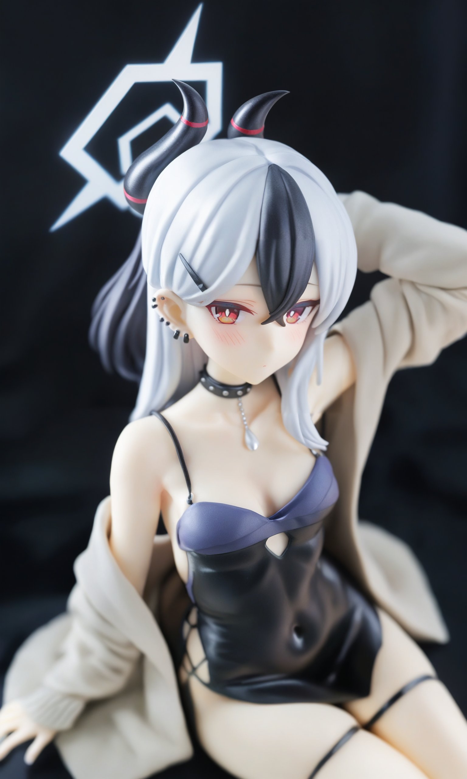 figure,masterpiece,best quality,<lora:kayoko:1>,1girl,solo,horns,multicolored_hair,kayoko_\(blue_archive\),red_eyes,dress,white_background,simple_background,black_hair,halo,piercing,ear_piercing,choker,looking_at_viewer,black_dress,white_hair,arm_up,wings,armpits,sitting,small_breasts,bangs,hair_between_eyes,collarbone,single_wing,hairclip,two-tone_hair,closed_mouth,blush,breasts,hair_ornament,covered_navel,hand_in_own_hair,off_shoulder,long_hair,arm_behind_head,open_clothes,streaked_hair,sleeveless,sleeveless_dress,black_choker,