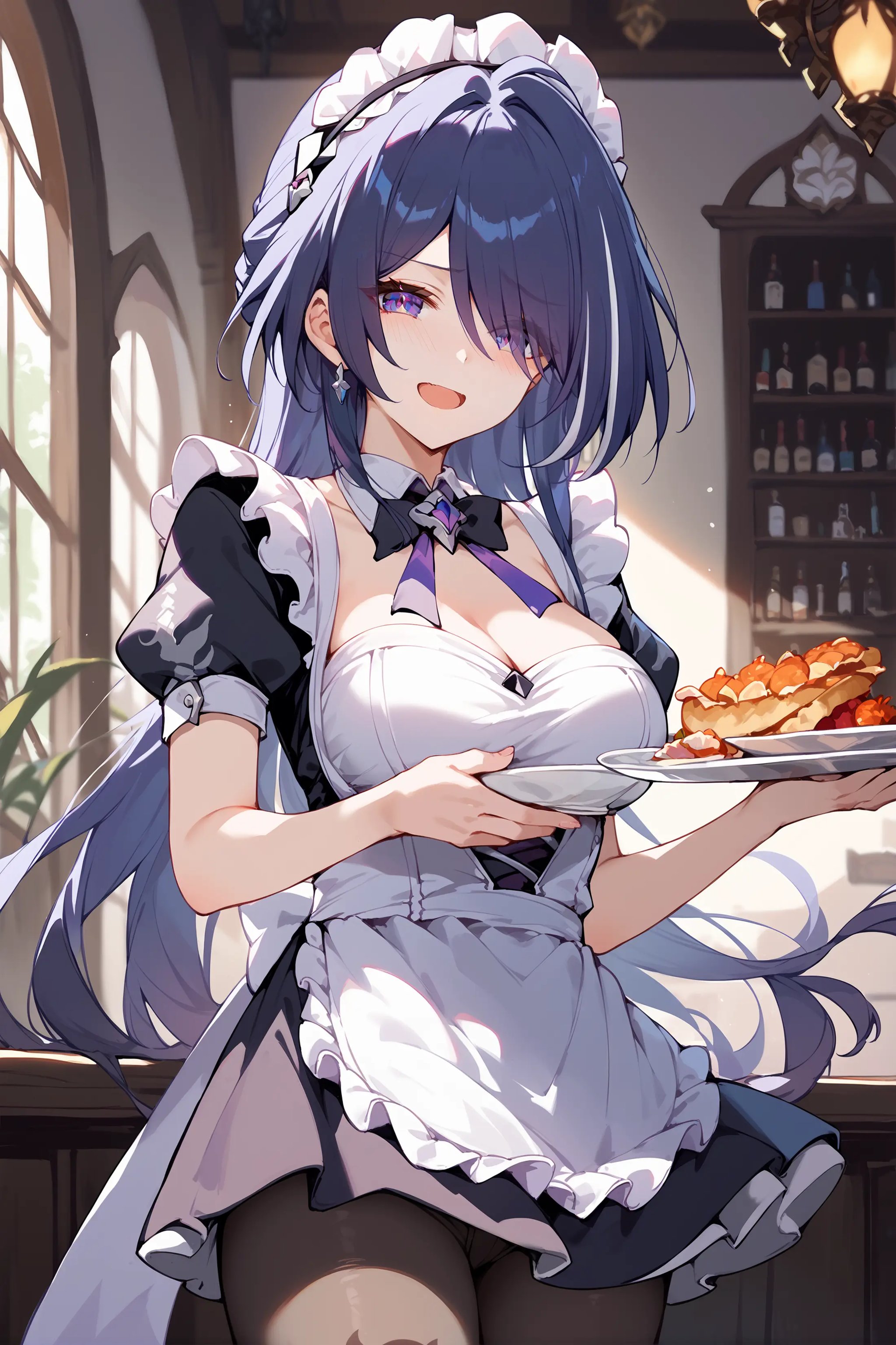 score_9, score_8_up, score_7_up, 1girl, acheron \(honkai: star rail\), solo, maid, maid headdress, maid apron, embarrassed, pantyhose, open mouth, blush, smile, open mouth, holding plate, looking at viewer, cowboy shot, bar \(place\), indoors, depth of field  <lora:Char-HonkaiSR-Acheron-Pony-V1:0.9>