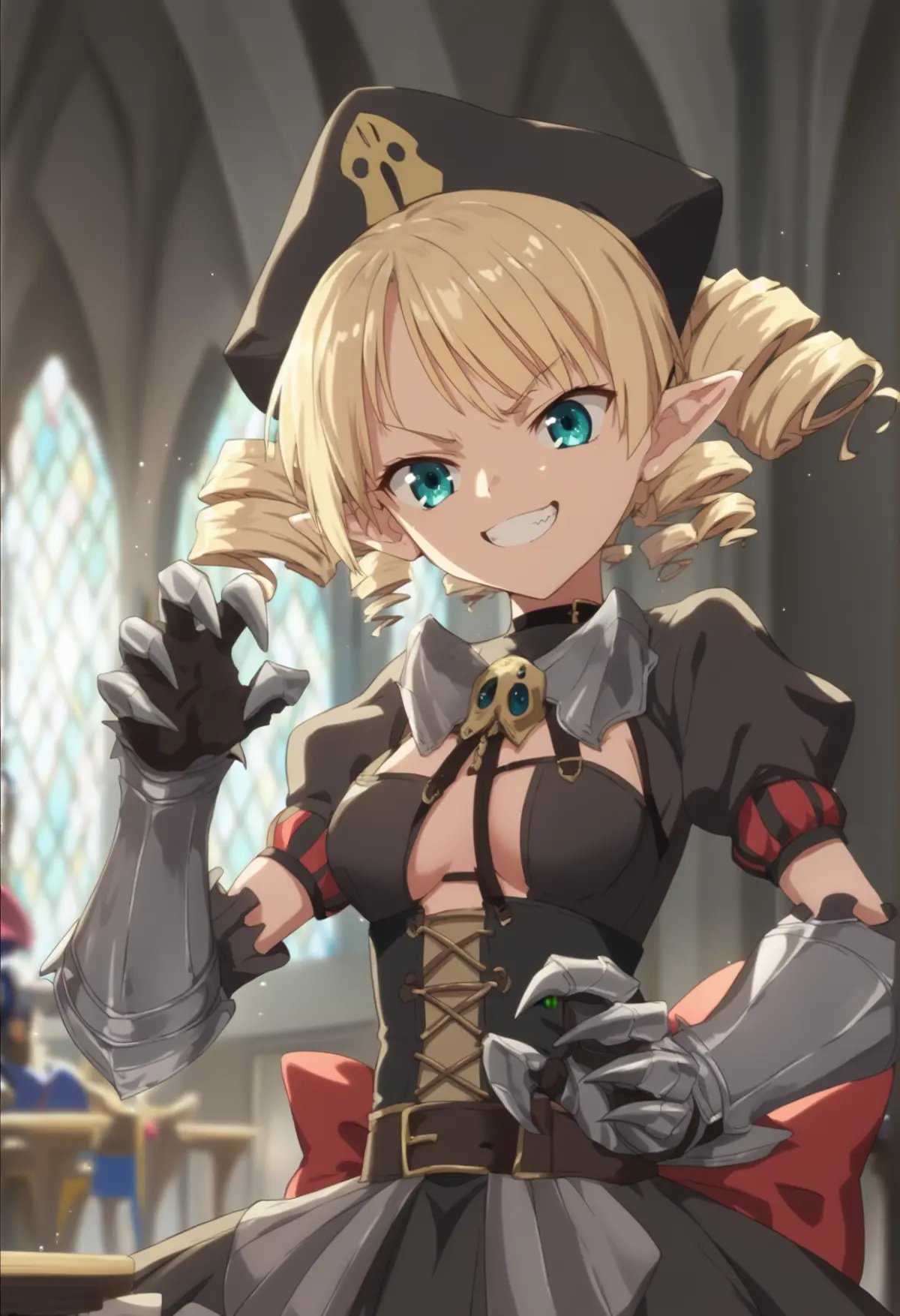 1girl, aqua eyes, blonde, twintails, pointy ears, twintails, drill hair, black dress, short sleeves, hat, suspenders, medium breasts, ribbon, gauntlets, smug, teeth, claw pose, indoors, medieval inn, cowboy shot <lora:Ymir Rebellion XL:1>, score_9, score_8_up, score_7_up, score_6_up, score_5_up, score_4_up, BREAK source_anime, masterpiece