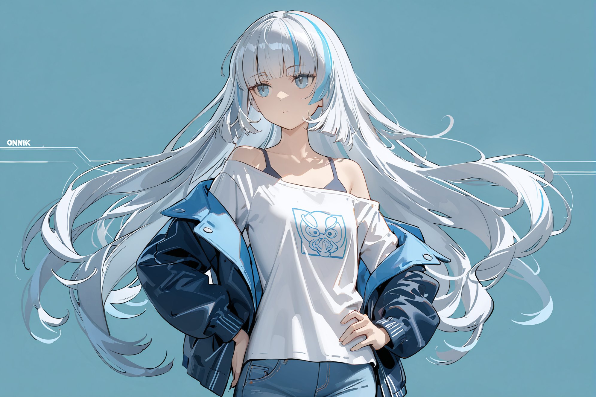 1girl,solo,blue eyes,white hair,blue streaked hair,long hair,blunt bangs,flat chest,open jacket,off shoulder shirt,denim shortscowboy shot,expressionless,jitome,hand on hip,masterpiece,bestquality,onnk,line art,line style,