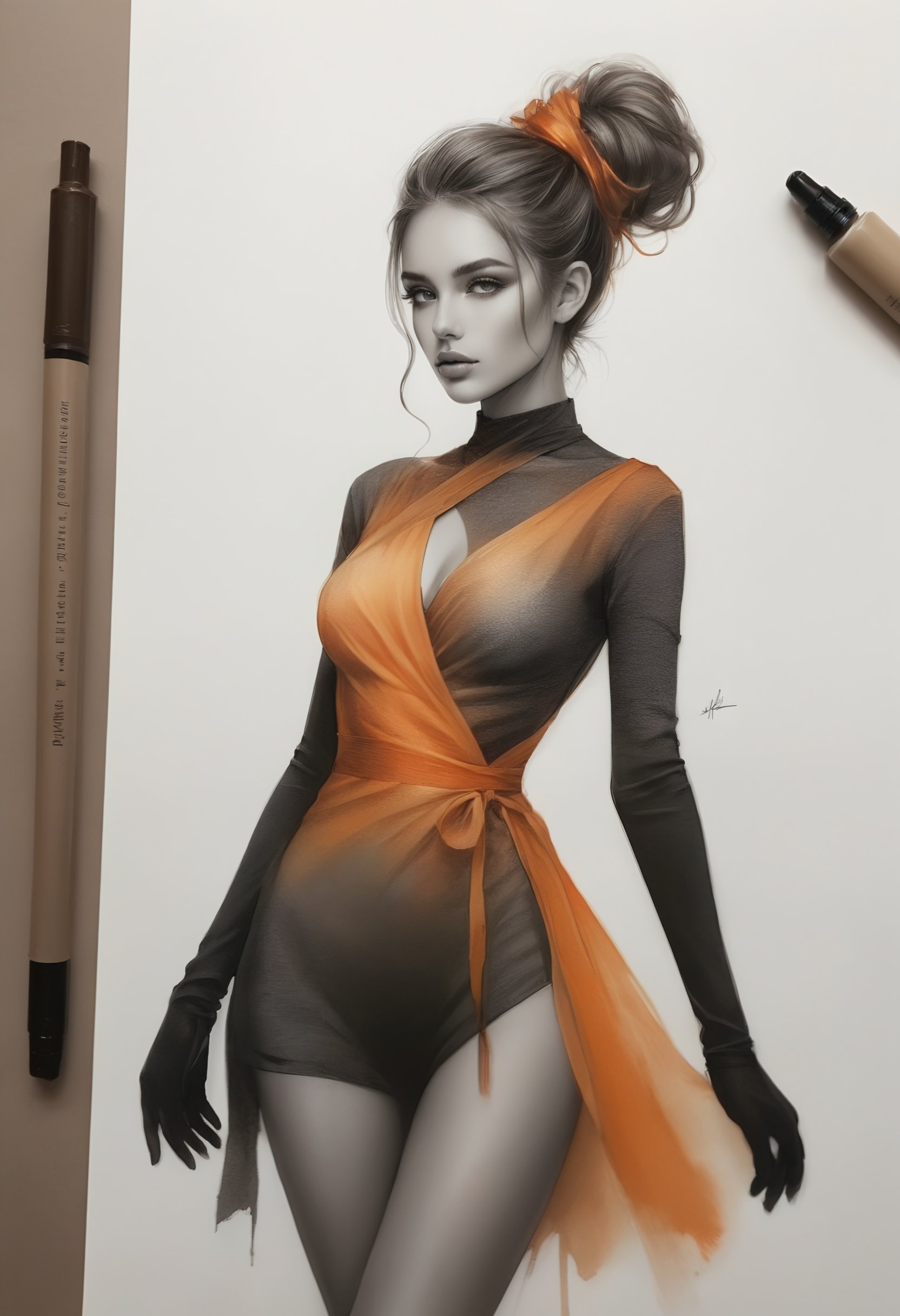 A Fashion shot (Silhouette Art), breathtaking (photorealistic faetastic beauty extravaganza (alcohol ink sketch)). (ashen gray dark hues and fine gleaming vibrant orange accents and shiny golden [outlines lines ribbons ] color scheme:1.02). glossy. <lora:InkArtXL_1.2:0.4> <lora:FaeTastic:0.4> <lora:Dance_Art:0.6> ,