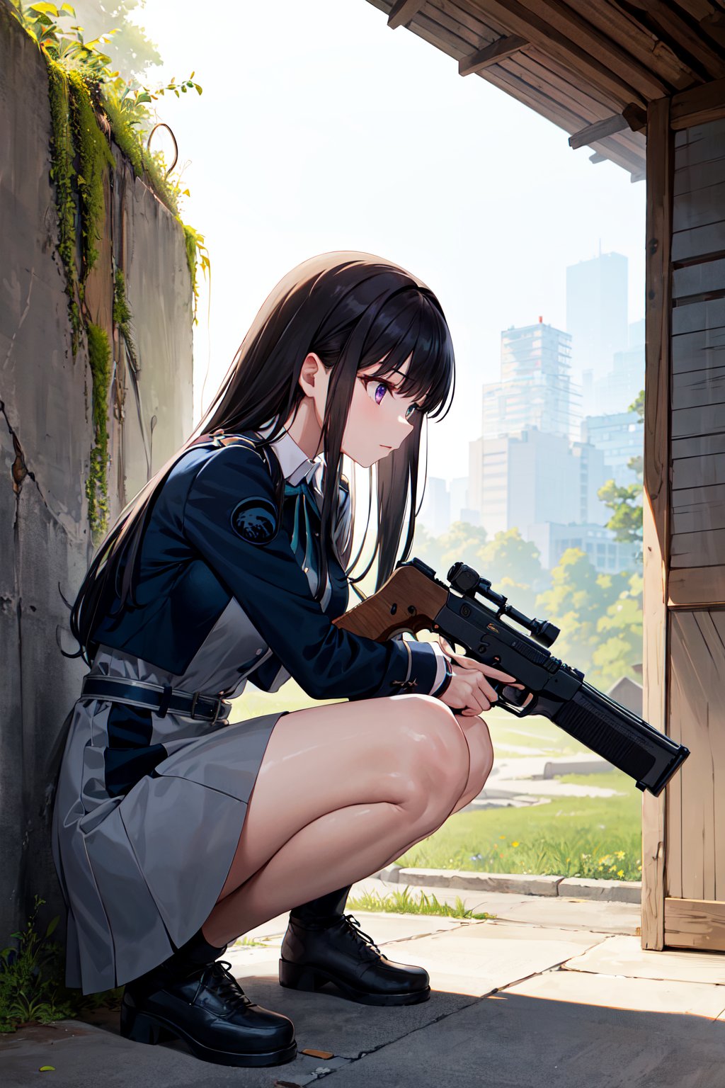 masterpiece, best quality, highres, aatakina, long hair, black hair, breasts, neck ribbon, collared shirt, lycoris uniform, two-tone dress, blue dress, grey dress, long sleeves, belt, <lora:inoue_takina_v1:0.7>, holding weapon, gun, ruins, squatting, wall