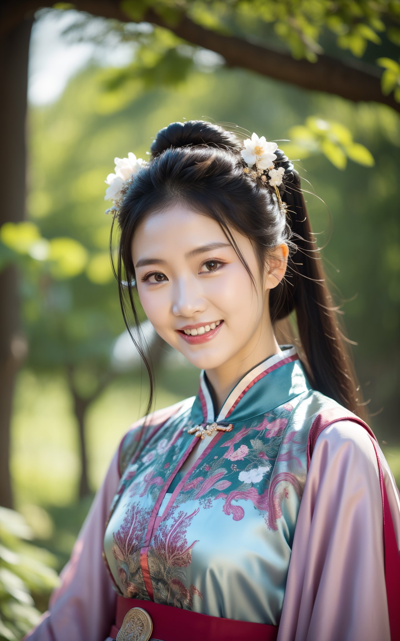 chinese_clothes,hanfu,a girl smiling at the camera with trees in the background,solo,outdoors,tree,day,smile,long hair,looking at viewer,long sleeves,flower,teeth,upper body,dress,black hair,hair ornament,