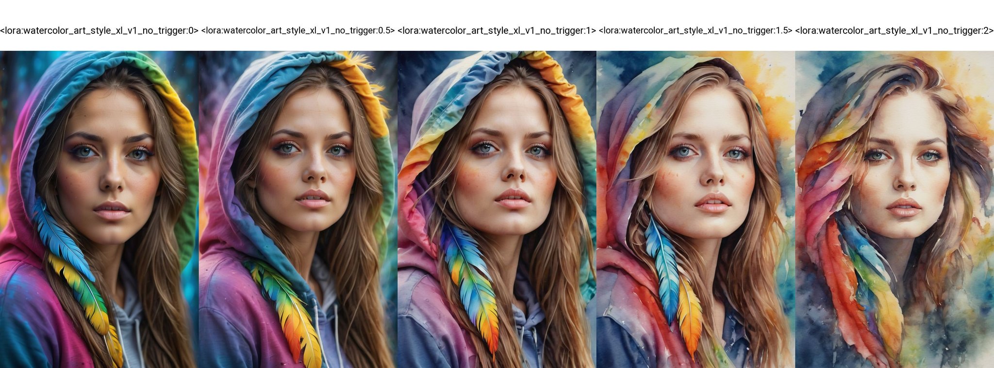 (best quality, 4K, 8K, high-resolution, masterpiece), ultra-detailed, realistic, photorealistic, portrait of a beautiful woman looking at the camera, long hair, colorful feather, wearing a hoodie, double exposure effect, artistic photography, vibrant colors, intricate details, expressive eyes, high detail, high resolution, ethereal atmosphere, soft lighting, dynamic composition, modern style. <lora:watercolor_art_style_xl_v1_no_trigger:0>