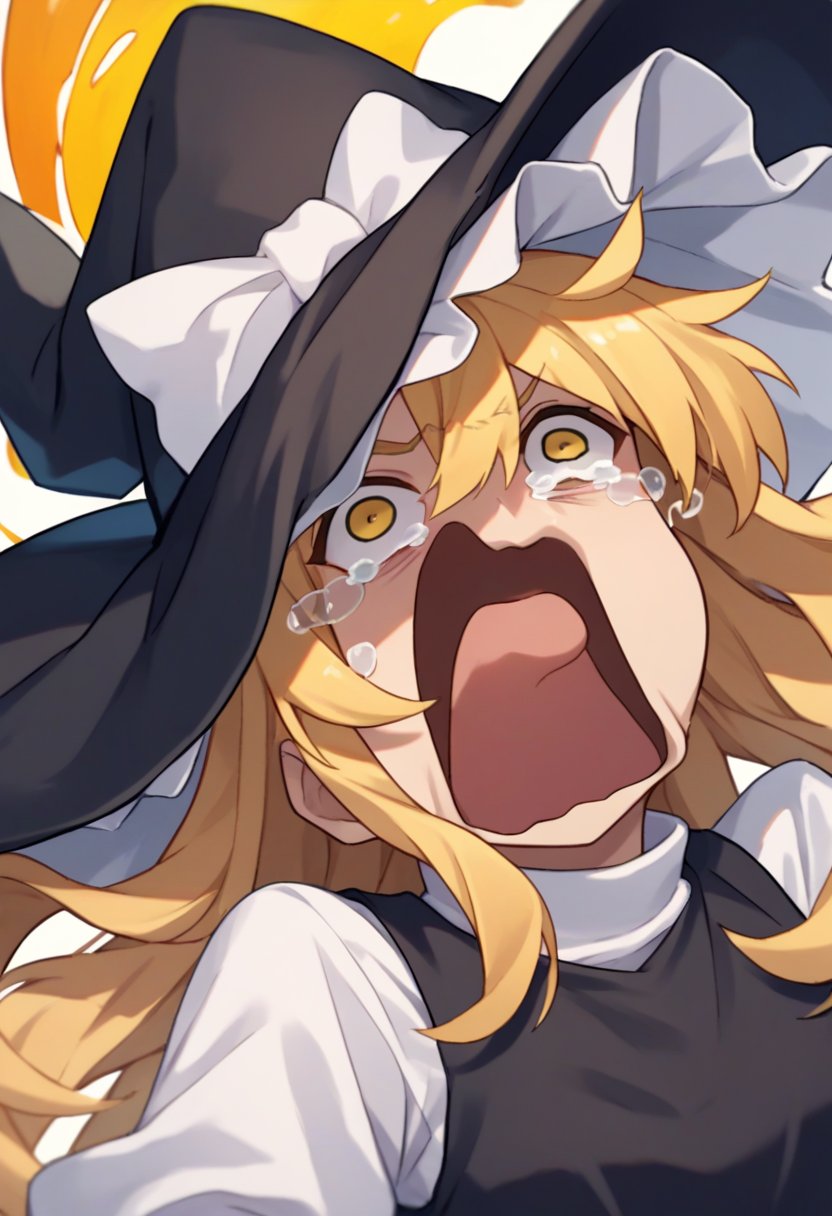 score_9, score_8_up, score_7_up, source_anime, solo, 1girl, kirisame marisa, aquascreaming, screaming, open mouth, crying with eyes open , long blonde hair, black headwear, witch hat, yellow eyes, white shirt, turtleneck, black vest <lora:concept_aquascreaming_ponyXL:1>