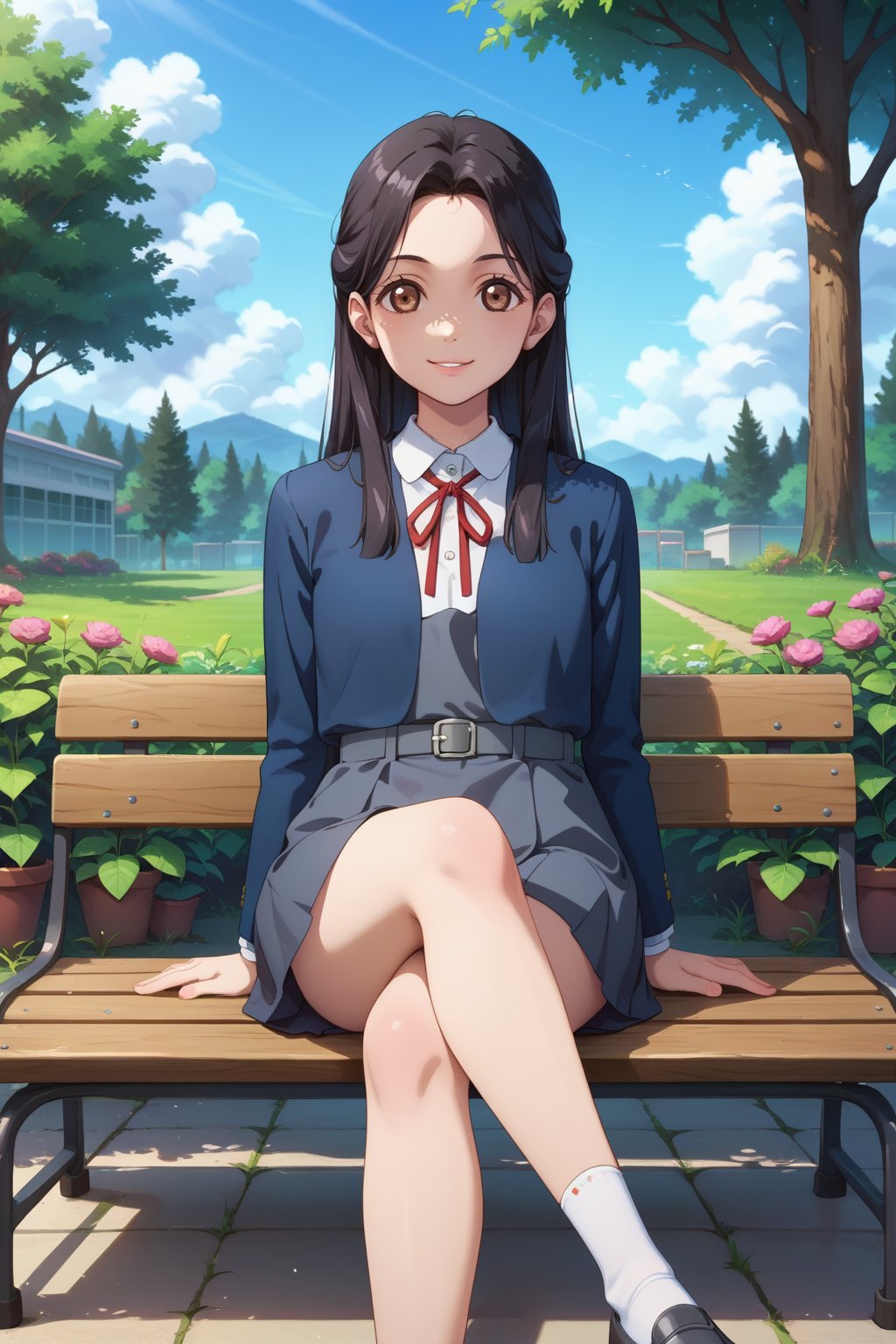 score_9, score_8_up, score_7_up, 1girl,hazukisan, black hair, brown eyes, long hair, parted lips, closed mouth, smile,yuigaoka school uniform, grey dress, pianofore dress, grey belt, collared shirt, neck ribbon, red ribbon, blue blazer, outdoors, school backyard, trees, bench, garden, sitting, on bench, crossed legs<lora:EMS-468794-EMS:0.900000>