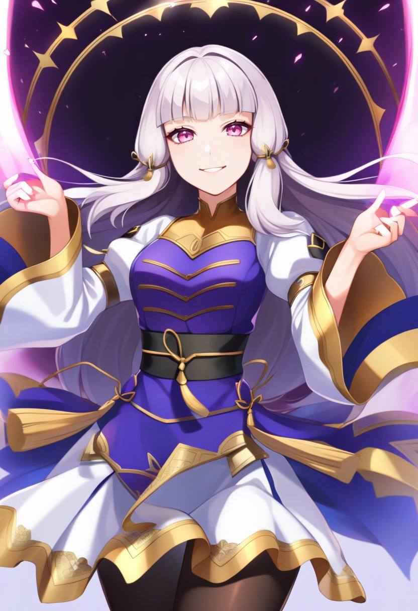 solo, 1girl, lysitheahopes, smile, looking at viewer, hair ornament, dress, long sleeves, wide sleeves, black pantyhose <lora:fireemblem_ordelia_xl-000005:1>