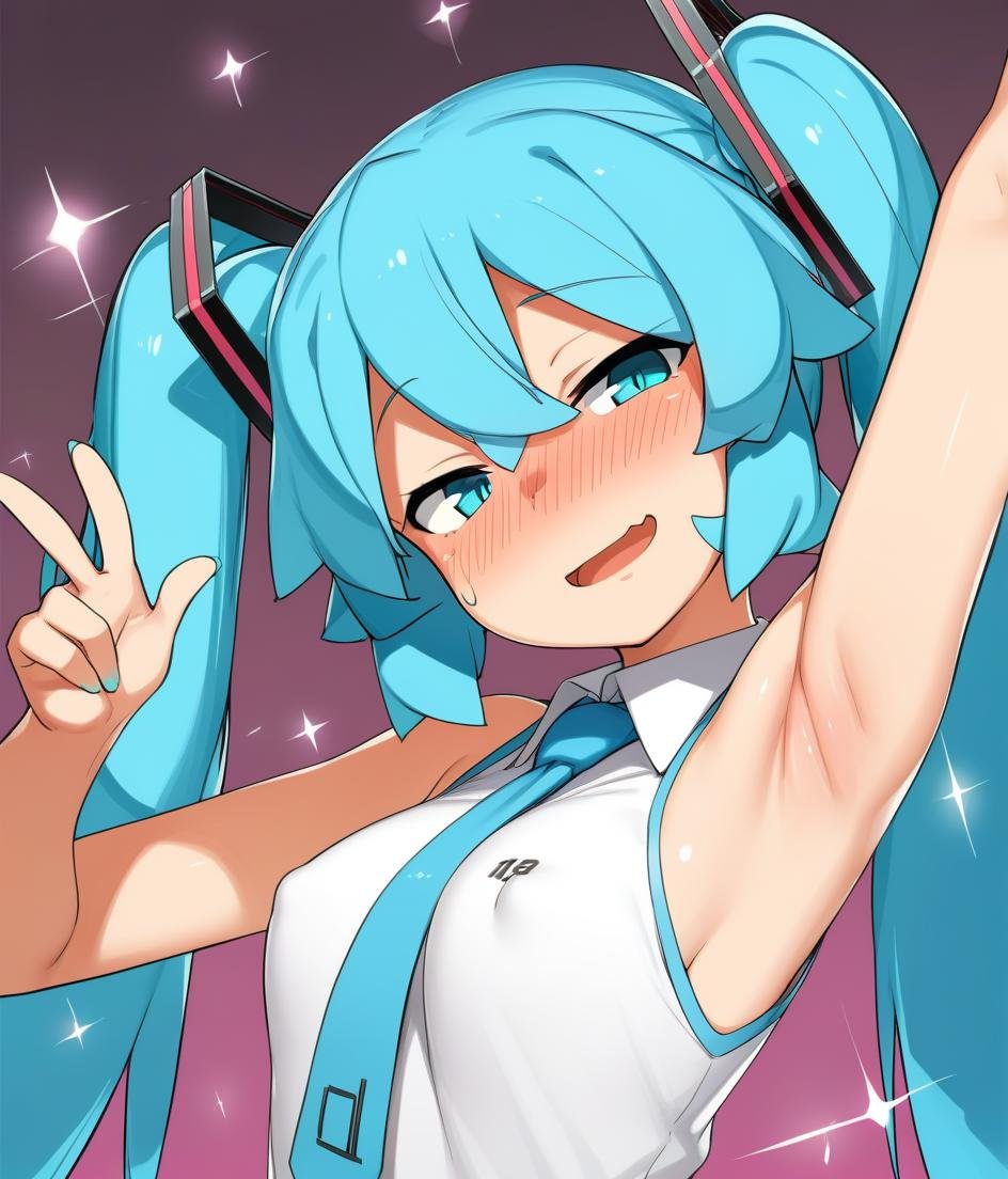 hatsune miku, abmayo, 1girl, aqua eyes, aqua hair, armpits, bare shoulders, double v, long hair, looking at viewer, necktie, open mouth, shirt, smile, solo, sparkle, twintails, upper body, masterpiece, 