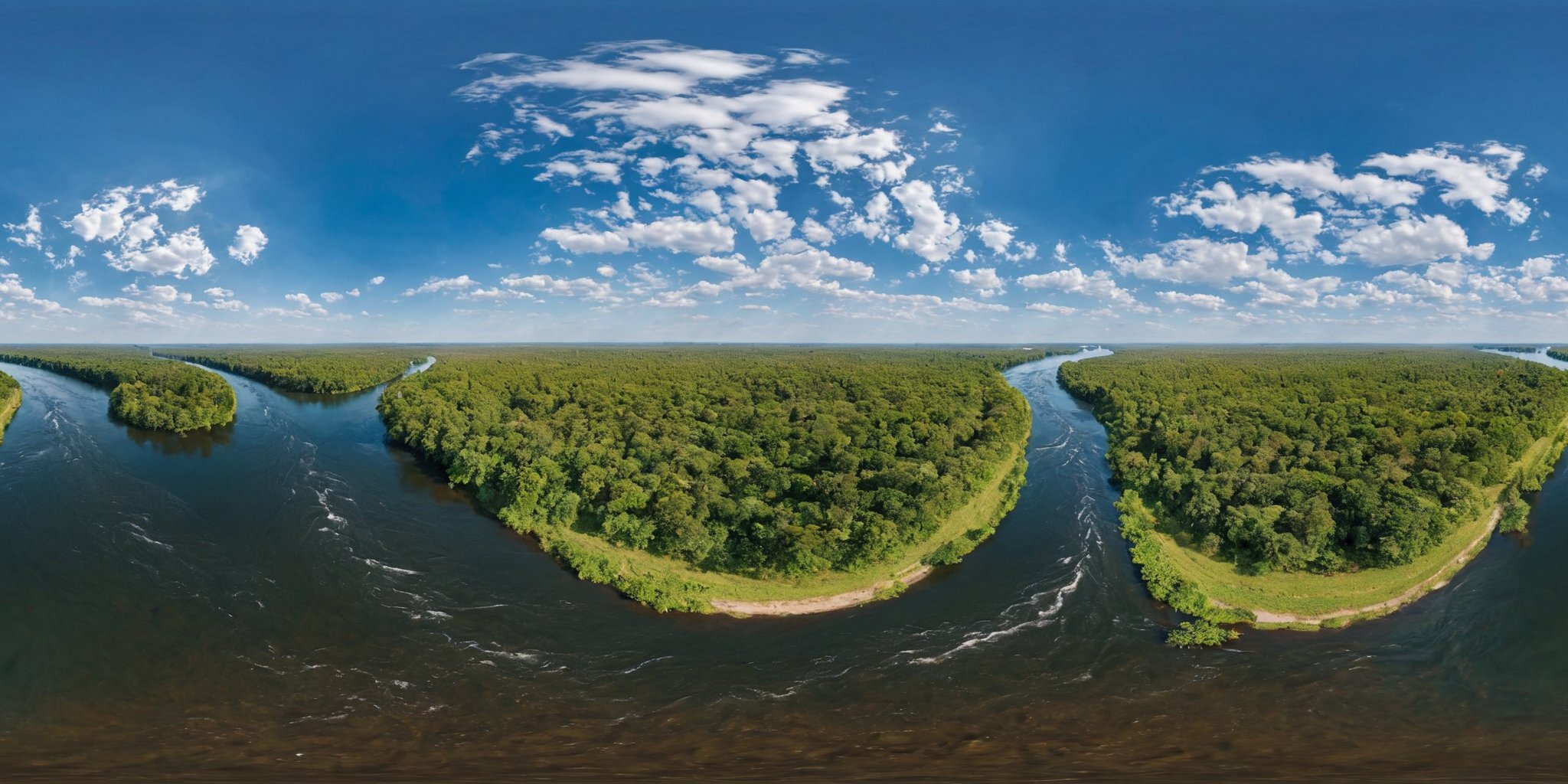 <lora:HMSG航拍全景XL:1>,360panorama,Centered Horizon,No seams,<lora:光影XL:1>,An aerial snapshot capturing the harmonious coexistence of lush green trees and a meandering river. The river curves gracefully through the forest,a ribbon of glistening water reflecting the sunlight. Trees line the riverbanks,their canopies creating a vibrant contrast against the clear blue of the moving water. This tableau from above showcases nature's artful arrangement,inviting an appreciation for the way the river nurtures the landscape and carves out a path through the verdant surroundings,