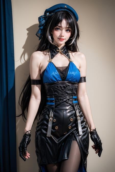 cowboy shot,1girl,solo,smile,looking at viewer,standing,yangyang cosplay costume,yangyang,cosplay,black hair,long hair,multicolored hair,white hair,dress,hat,bare shoulders,detached collar,single glove,arm strap,gloves,pantyhose,black pantyhose,<lora:WutheringWaves_Yangyang_cosplay_costume_v1:0.7>,