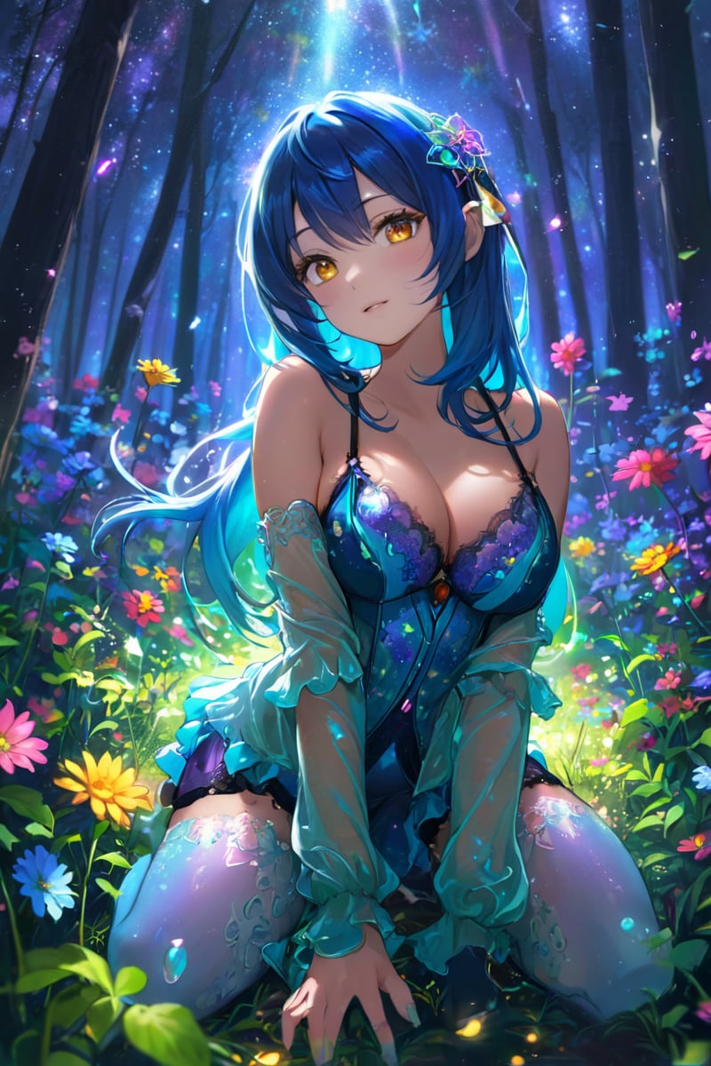 extreemely detailed, light particles floating, kneeling in the forest watching spirits, eerie aura, chromatic aberration, colorful forest lights during night time, oily skin, dynamic angle, colorful glowing flowers, night,hair ornament, intrincate clothing, sexy, high definition photo, ultra detailed skin, ultra detailed face, small skin imperfections, 1girl, Long layers, saggy breasts, Skinny body, hazel eyes, Royal blue hair