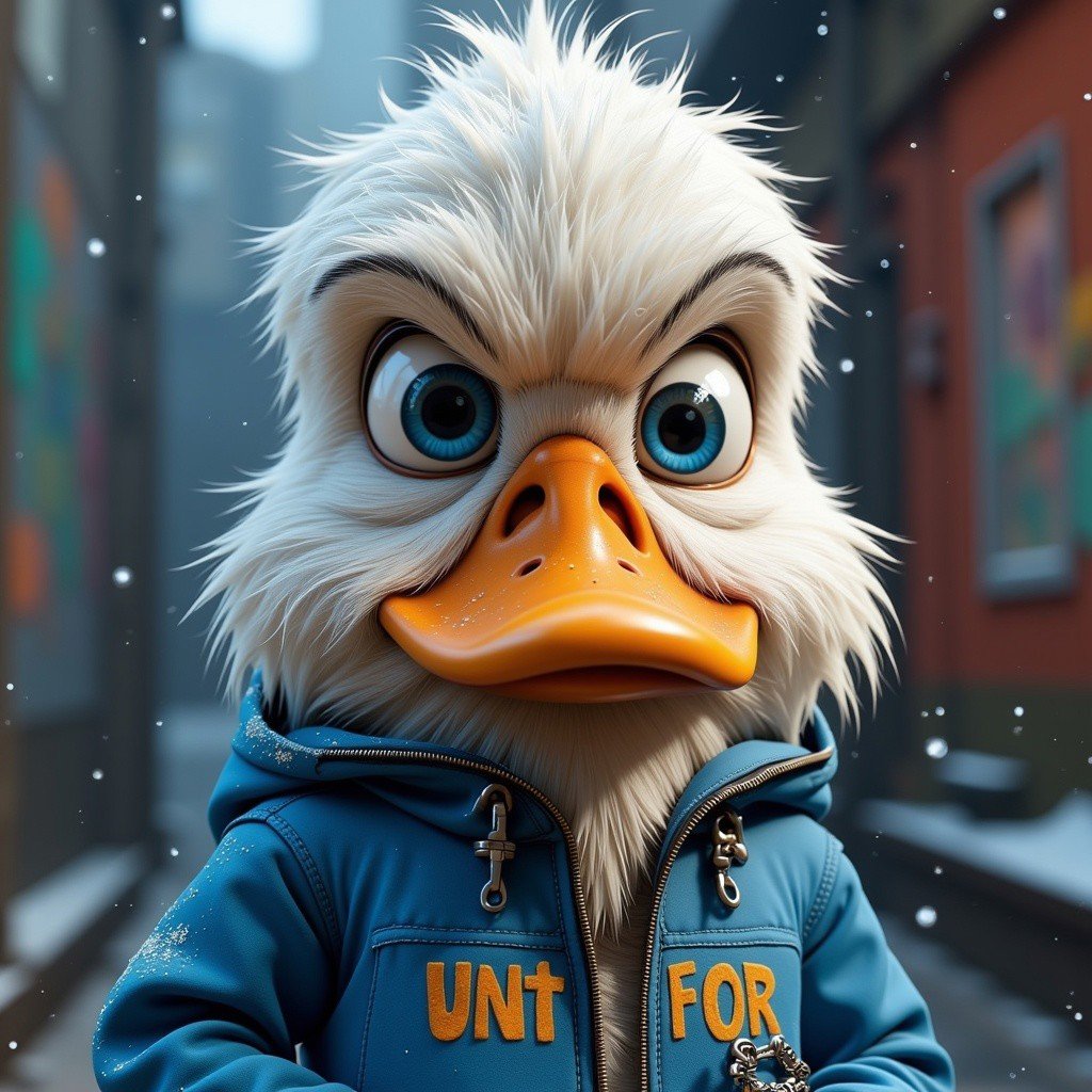 funny animals, "Hyperrealistic 3D render of a grumpy cartoon duck character, close-up portrait, large blue eyes, orange bill, messy white feathers, wearing a worn blue jacket with 'Genio 93' text, urban background with graffiti, snowing, cinematic lighting, high detail, 8K resolution"