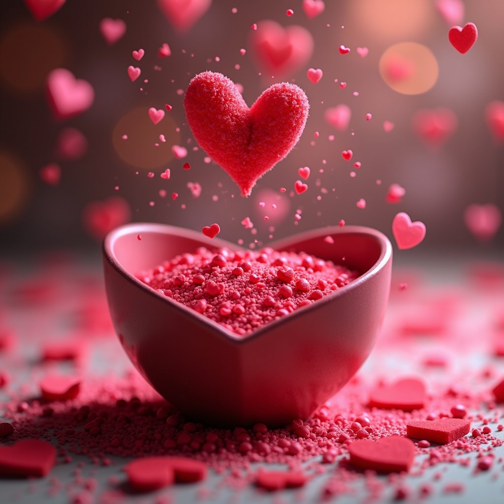 there is a heart shaped bowl filled with pink sprinkles, behance. polished, heart effects, falling hearts, falling red petals, romanticist, falling in love, heart, several hearts, bokeh photography, hearts symbol, falling flower petals, magic heart, anatomically correct heart, red gems scattered **** dust, rose petals, istock, stream of love and happiness, romantic simple path traced, (heart), hearts, many hearts, bokeh photograph, love is begin of all, istockphoto, pinterest and shutterstock, photo of, an epic love affair with doubt, bokeh color background, falling petals, bokeh. brian spilner, tiny crimson petals falling, on a canva