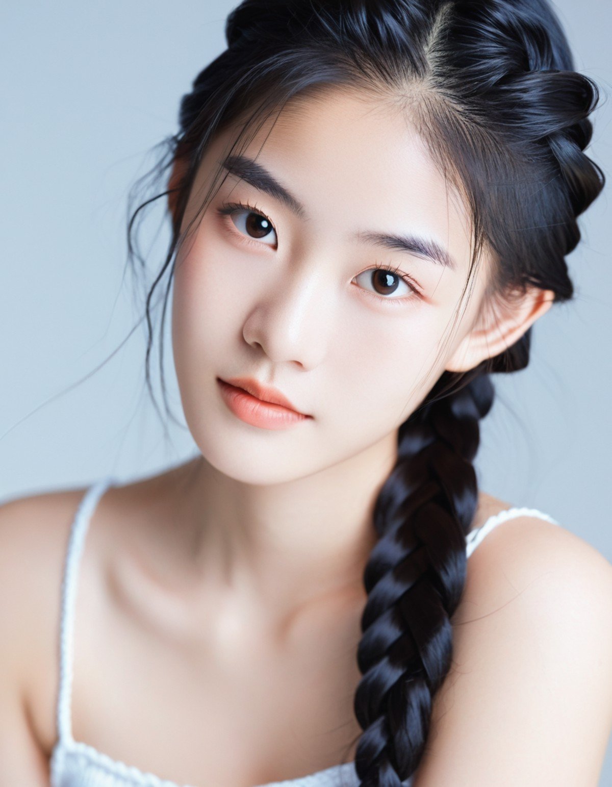 headshot of a young asian woman with long braided hair and a serene expression, bare shoulders, wispy hair strands framing her face, soft lighting, 19 years old, smooth porcelain-like skin, digital photography style, looking at the camera, high-contrast edits, minimally retouched, bright background, best quality,