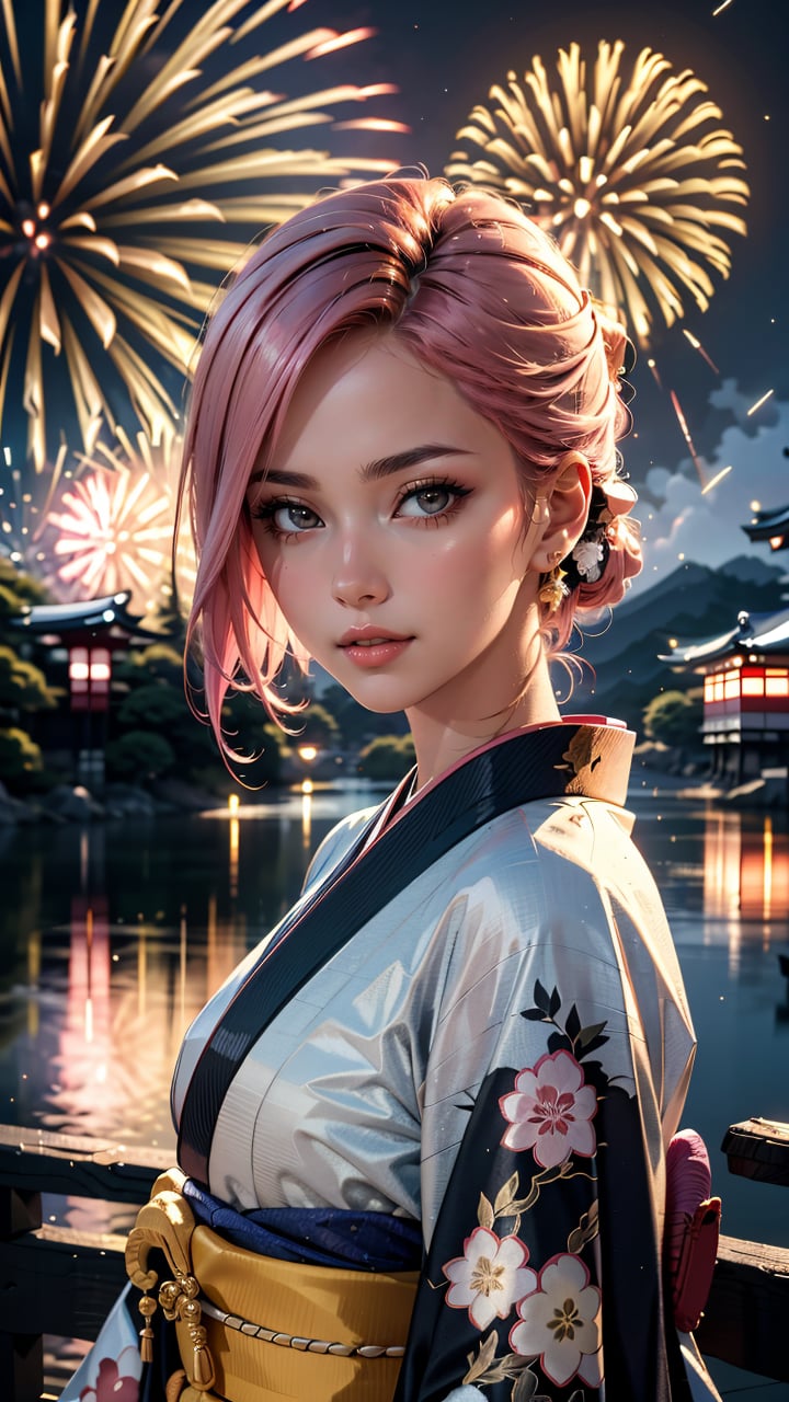 (masterpiece, best quality, highres:1.2), (photorealistic:1.2), (intricate and beautiful:1.2), (detailed light:1.2), (soft lighting, side lighting, reflected light), (colorful, dynamic angle), upper body shot, fashion photography of a cute European girl with iridiscent pink hair, flirting with POV, in traditional japanese gold&black kimono, ultra detailed kimono textures, Kyoto, fireworks, light passing through hair, (perfect skin),