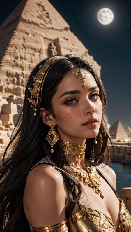 (best quality, masterpiece, colorful, dynamic angle, highest detailed) Realistic photo, fashion photography of a egyptian goddess, gold ornaments, gold reflection, flirting with POV, ultra detailed textures, perfect night, Egypt, pyramids, (intricate details, hyperdetailed:1.15), detailed, moonlight passing through hair, (official art, extreme detailed, highest detailed), HDR+