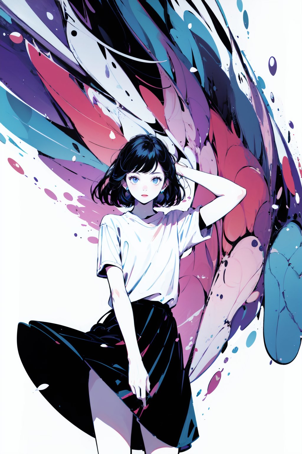 (Masterpiece: 1.4), (Best Quality: 1.4), 1girl, aesthetic photography, pop colours, solo, bzillust, minimalistic design of a girl, short hair, bob cut:1.2, bangs, multicolored hair:1.2, white background, abstract background:1.2, white shirt, skirt, black skirt with pink flame-like designs at the bottom, tucked shirt:1.1, short sleeves, cowboy shot, high quality<lora:EMS-308740-EMS:1.200000>, <lora:EMS-933-EMS:0.800000>