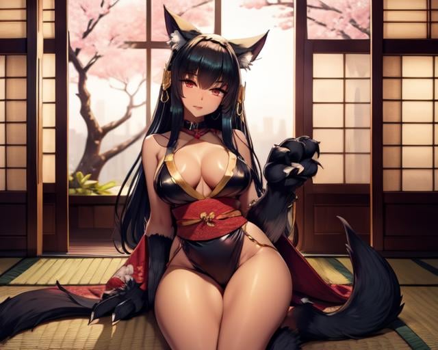 <lora:Anubis_MGE:0.8>, Gothic style, anub1s, solo, beautiful adult woman, high quality, best quality, highres, high detail, atmospheric lighting, blurry foreground, Japanese kimono, traditional design, submissive pose, serene garden setting, cherry blossoms, sunset hues, vibrant, detailed, 8k resolution . Dark, mysterious, haunting, dramatic, ornate, detailed