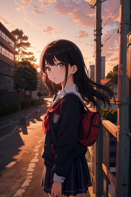 masterpiece,best quality,1girl,school,outdoor,dusk,dramatic,looking at viewer